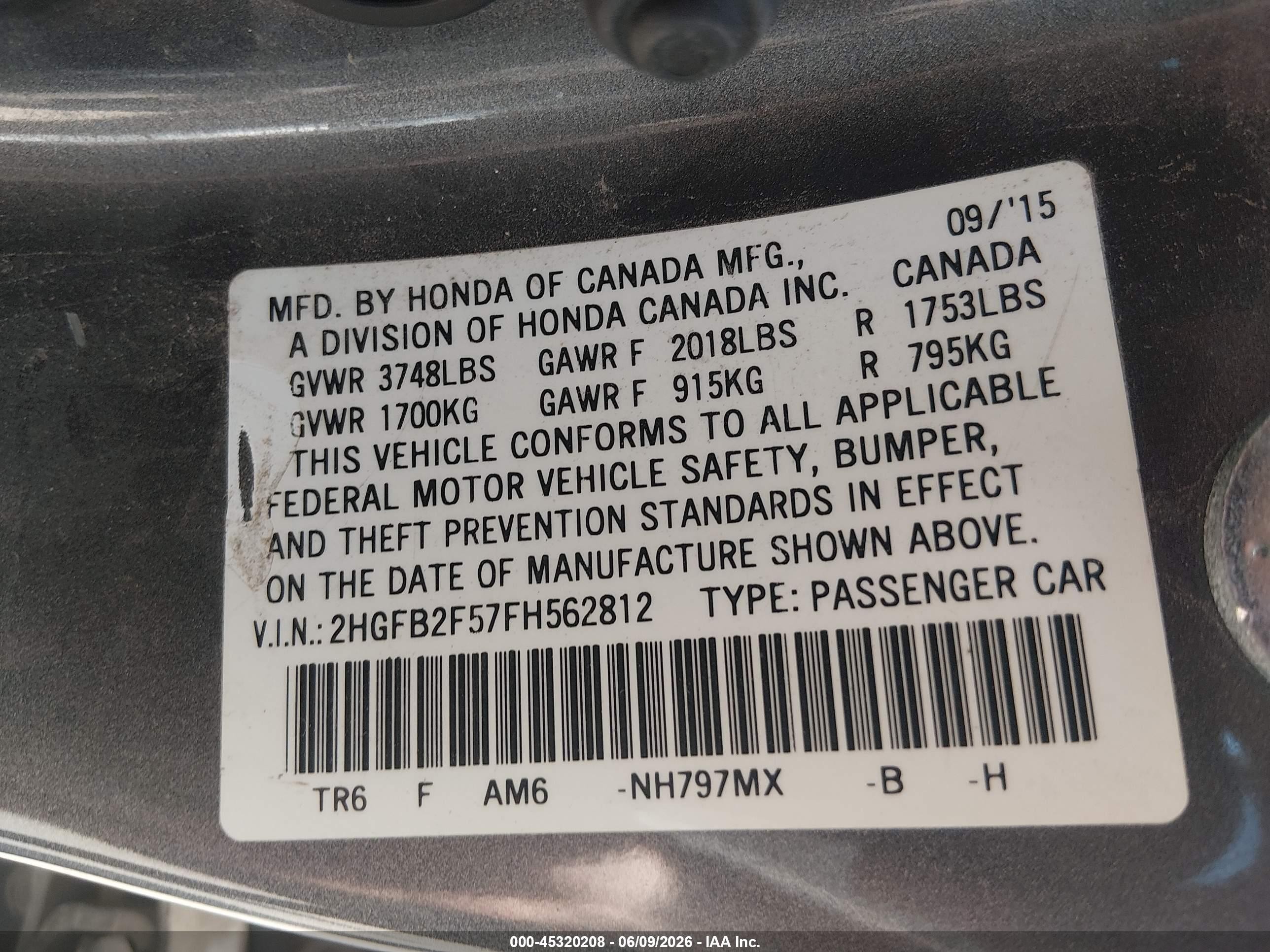 2015 Honda Civic Lx Gray vin: 2HGFB2F57FH562812