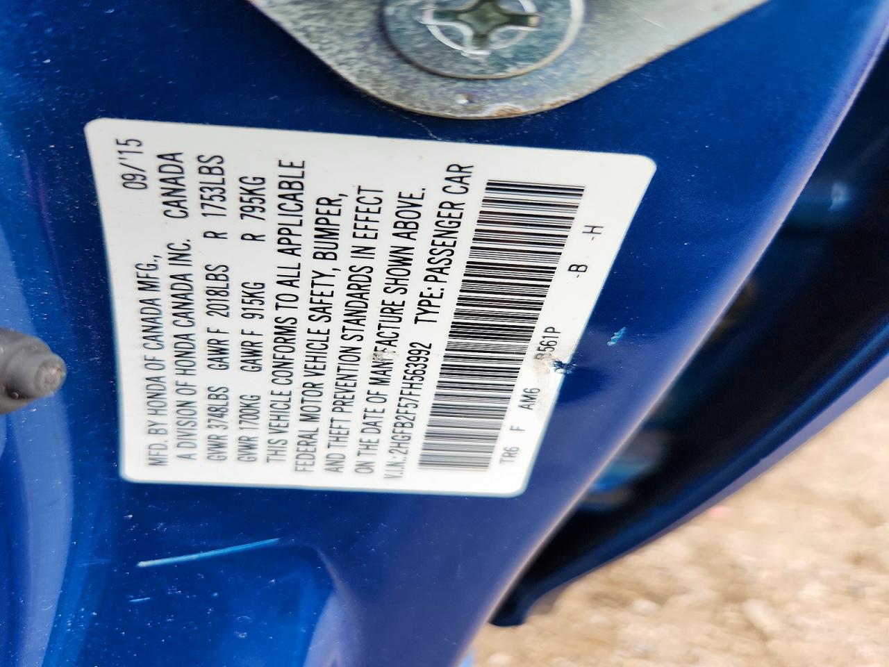 2015 Honda Civic Lx Blue vin: 2HGFB2F57FH563992