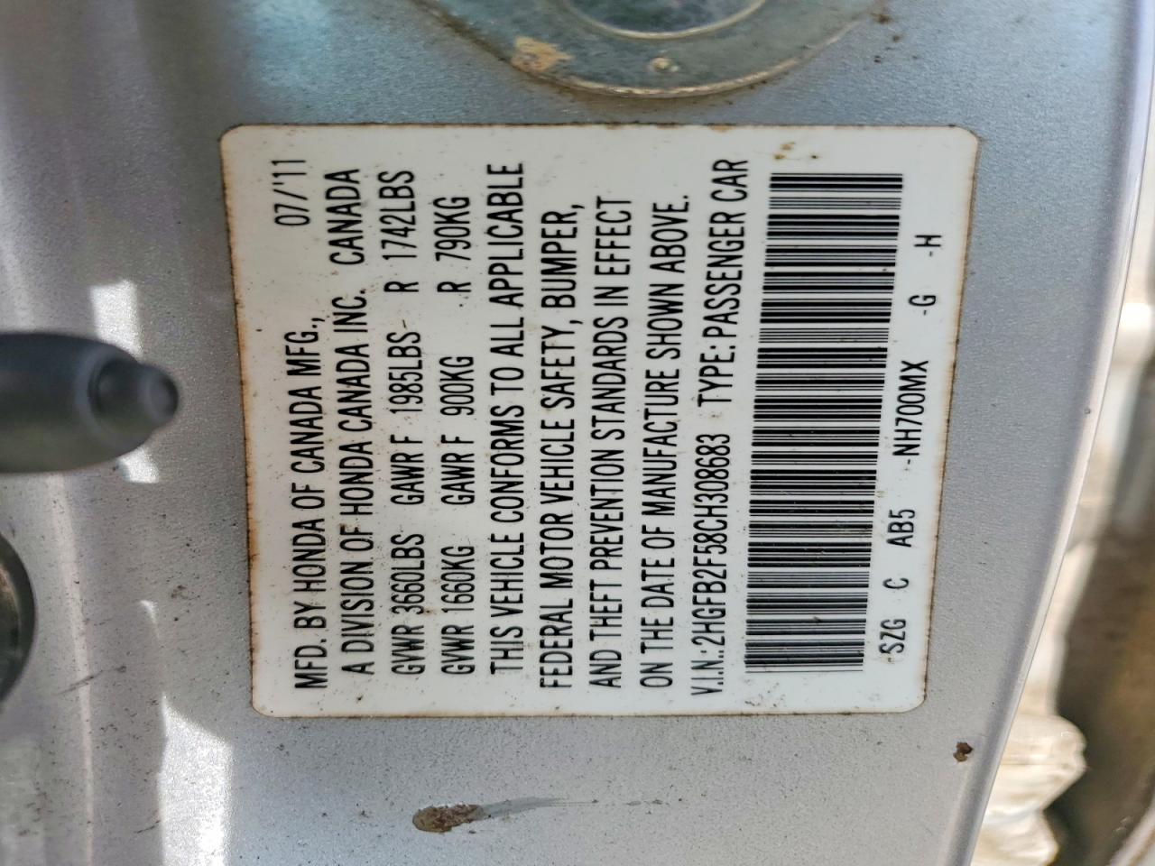 2012 Honda Civic Lx Silver vin: 2HGFB2F58CH308683