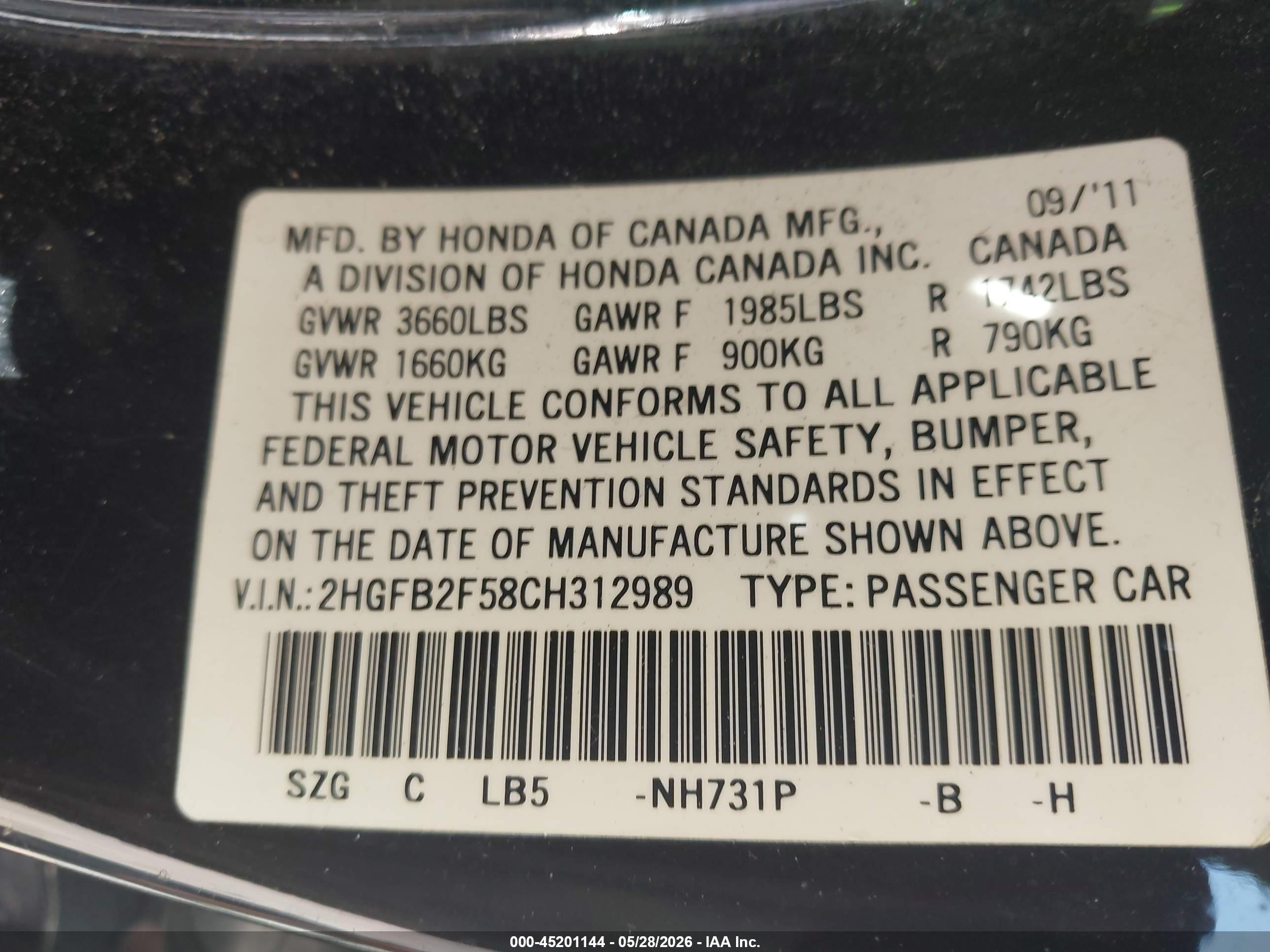 2012 Honda Civic Lx Черный vin: 2HGFB2F58CH312989