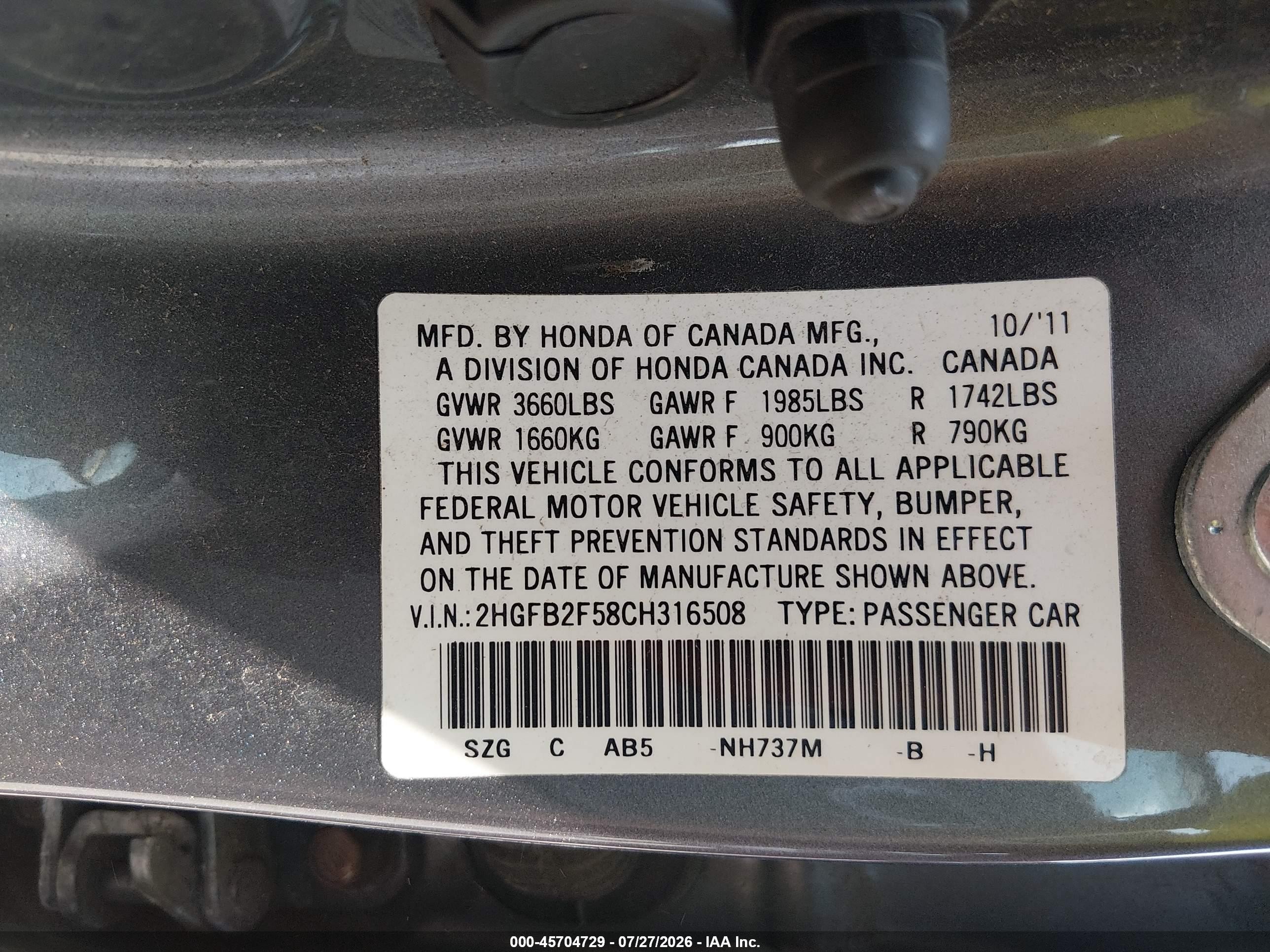 2012 Honda Civic Lx Gray vin: 2HGFB2F58CH316508