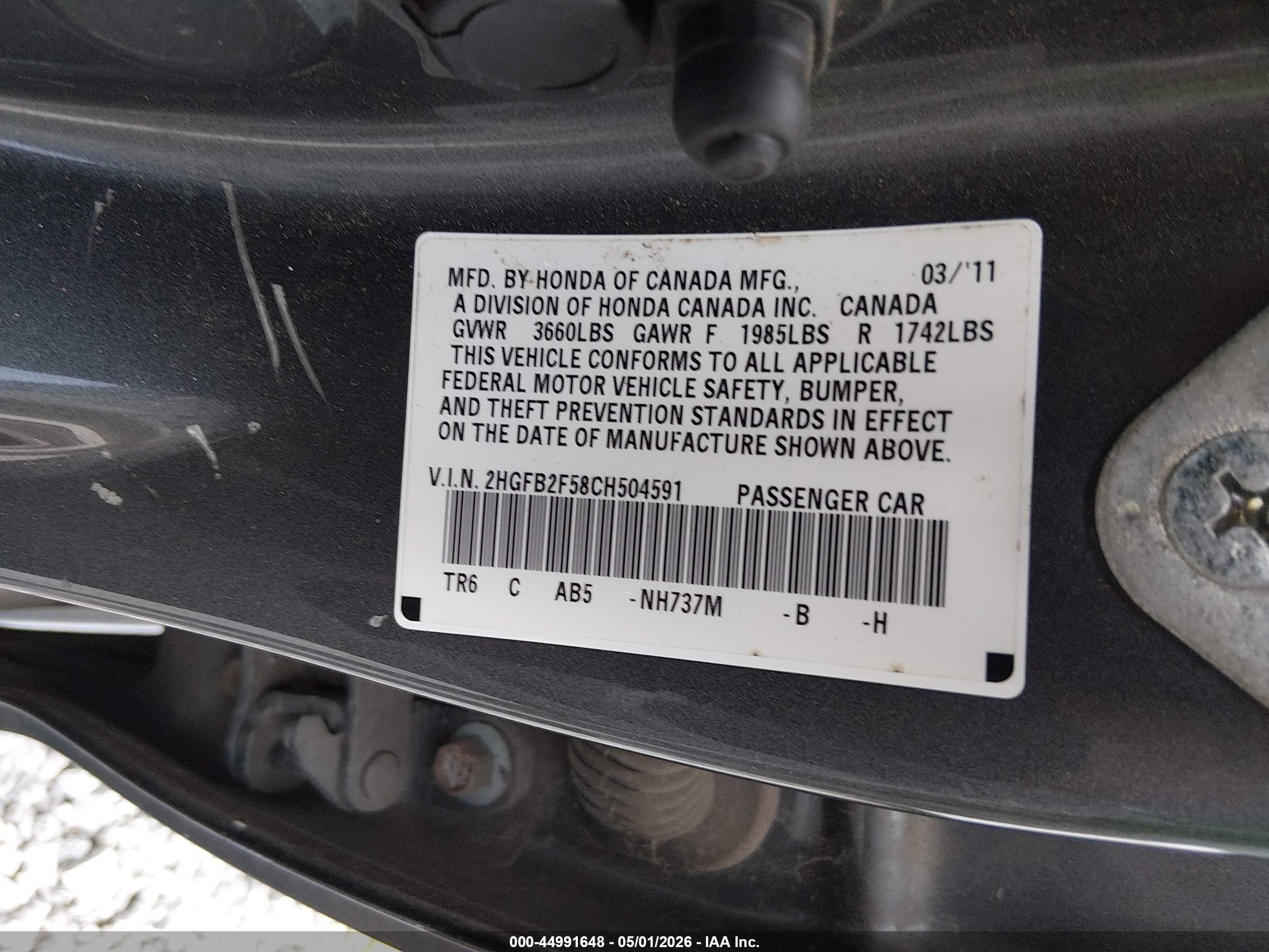 2012 Honda Civic Lx Gray vin: 2HGFB2F58CH504591