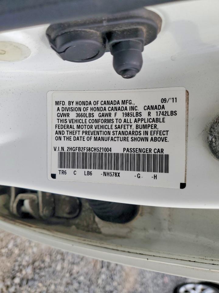 2012 Honda Civic Lx White vin: 2HGFB2F58CH521004