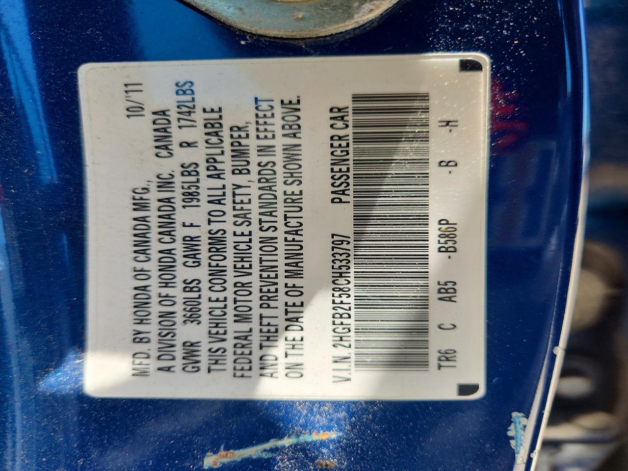 2012 Honda Civic Lx Blue vin: 2HGFB2F58CH533797
