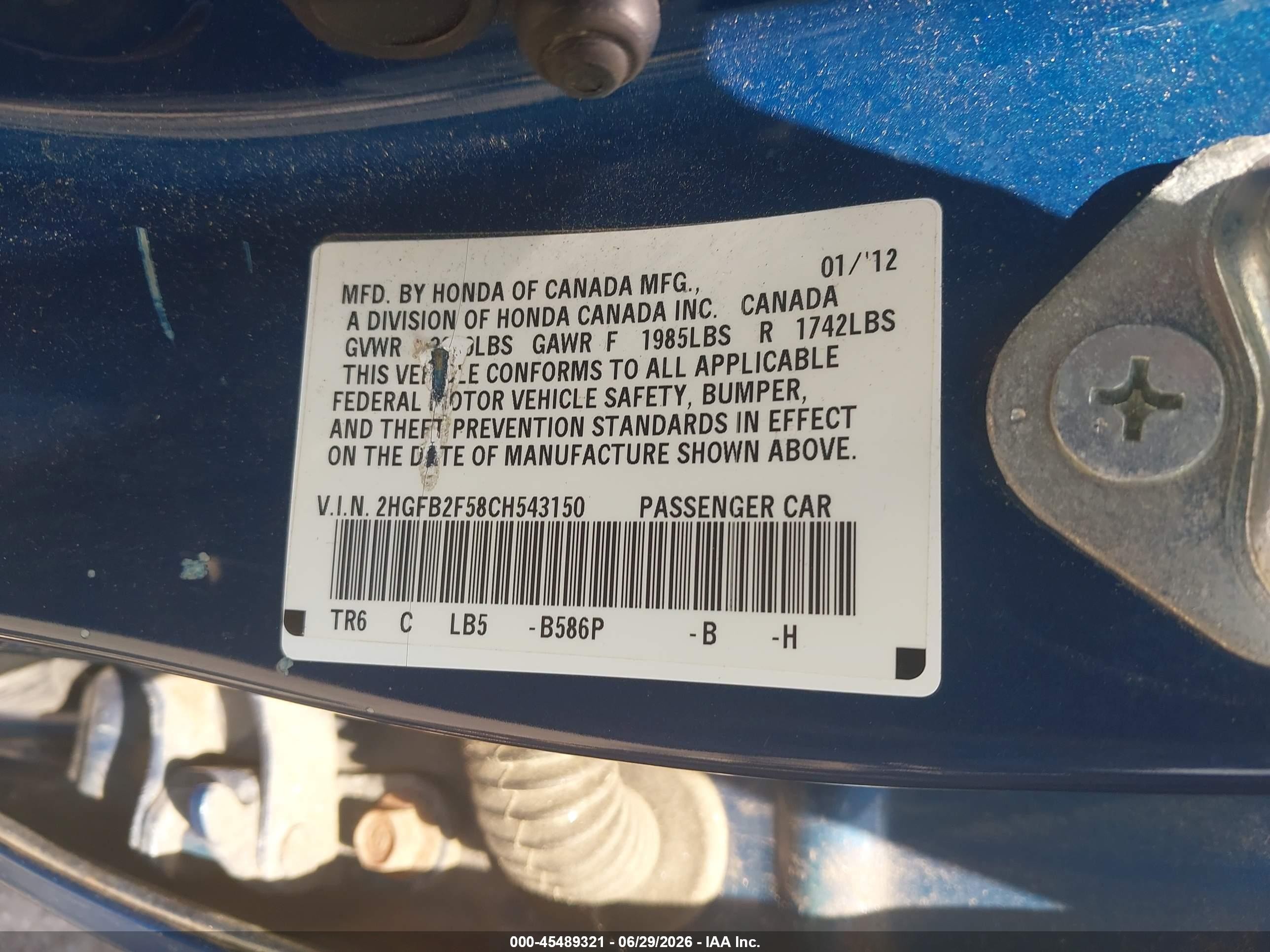 2012 Honda Civic Lx Blue vin: 2HGFB2F58CH543150