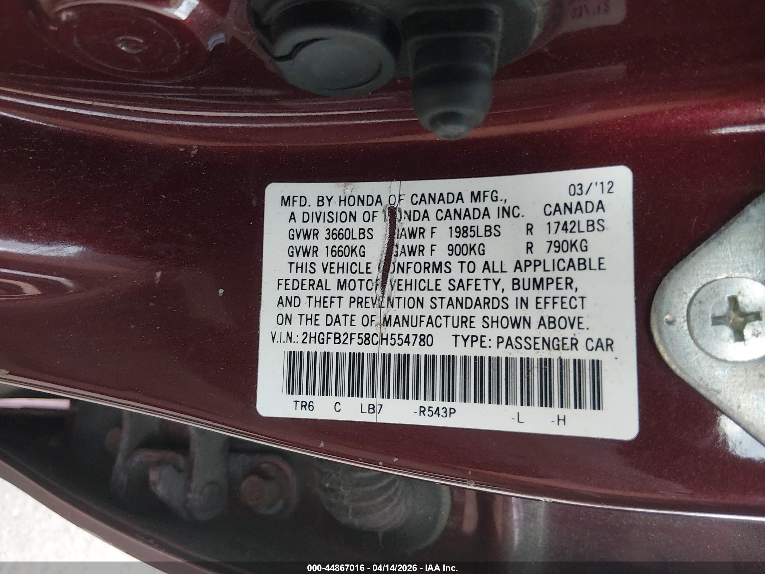 2012 Honda Civic Lx Red vin: 2HGFB2F58CH554780