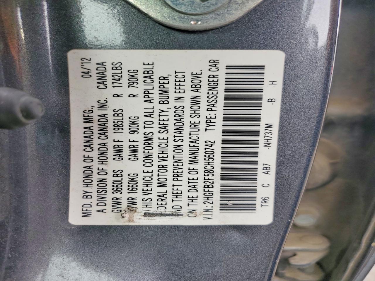 2012 Honda Civic Lx Gray vin: 2HGFB2F58CH560742