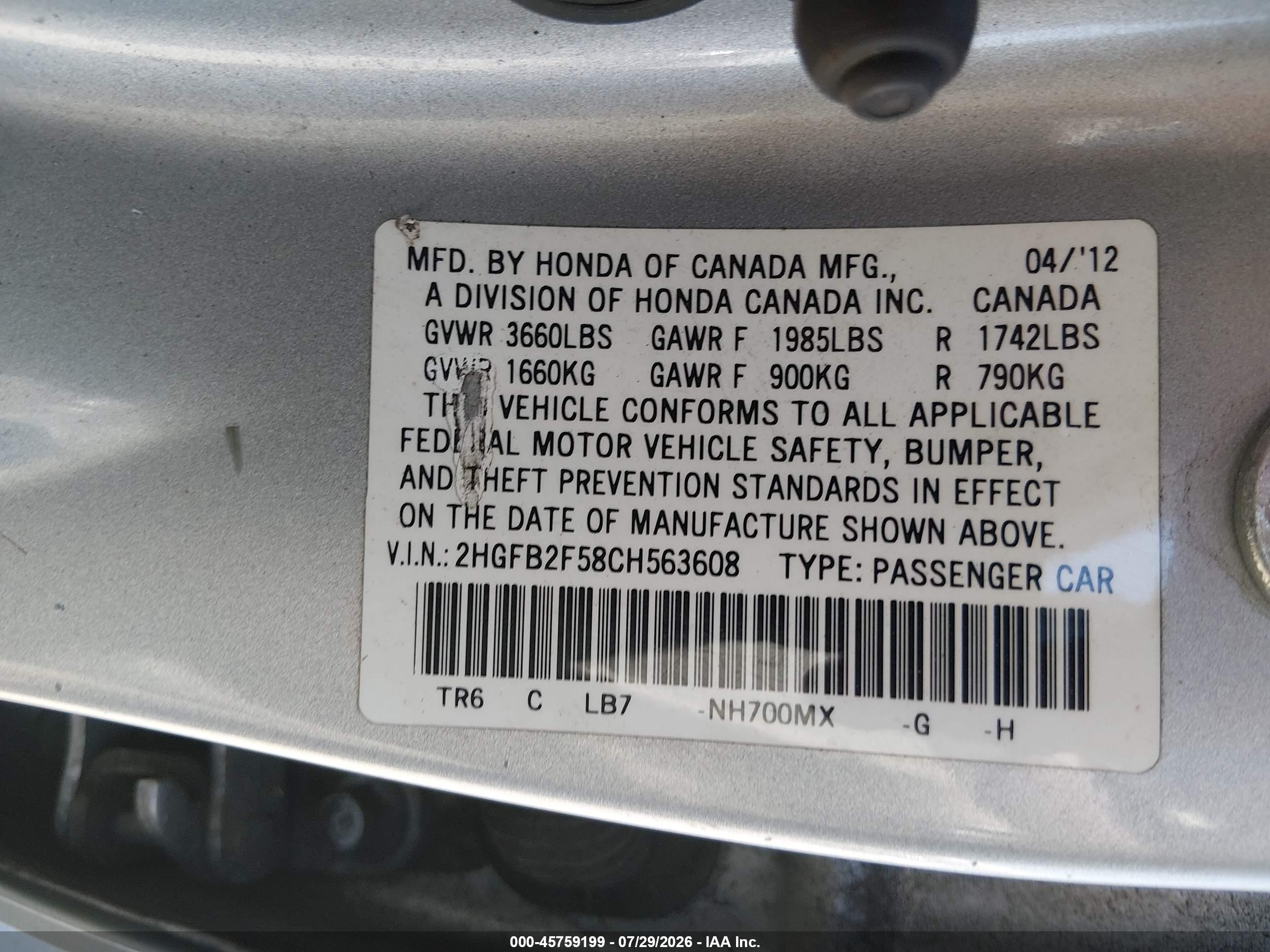 2012 Honda Civic Lx Серебряный vin: 2HGFB2F58CH563608