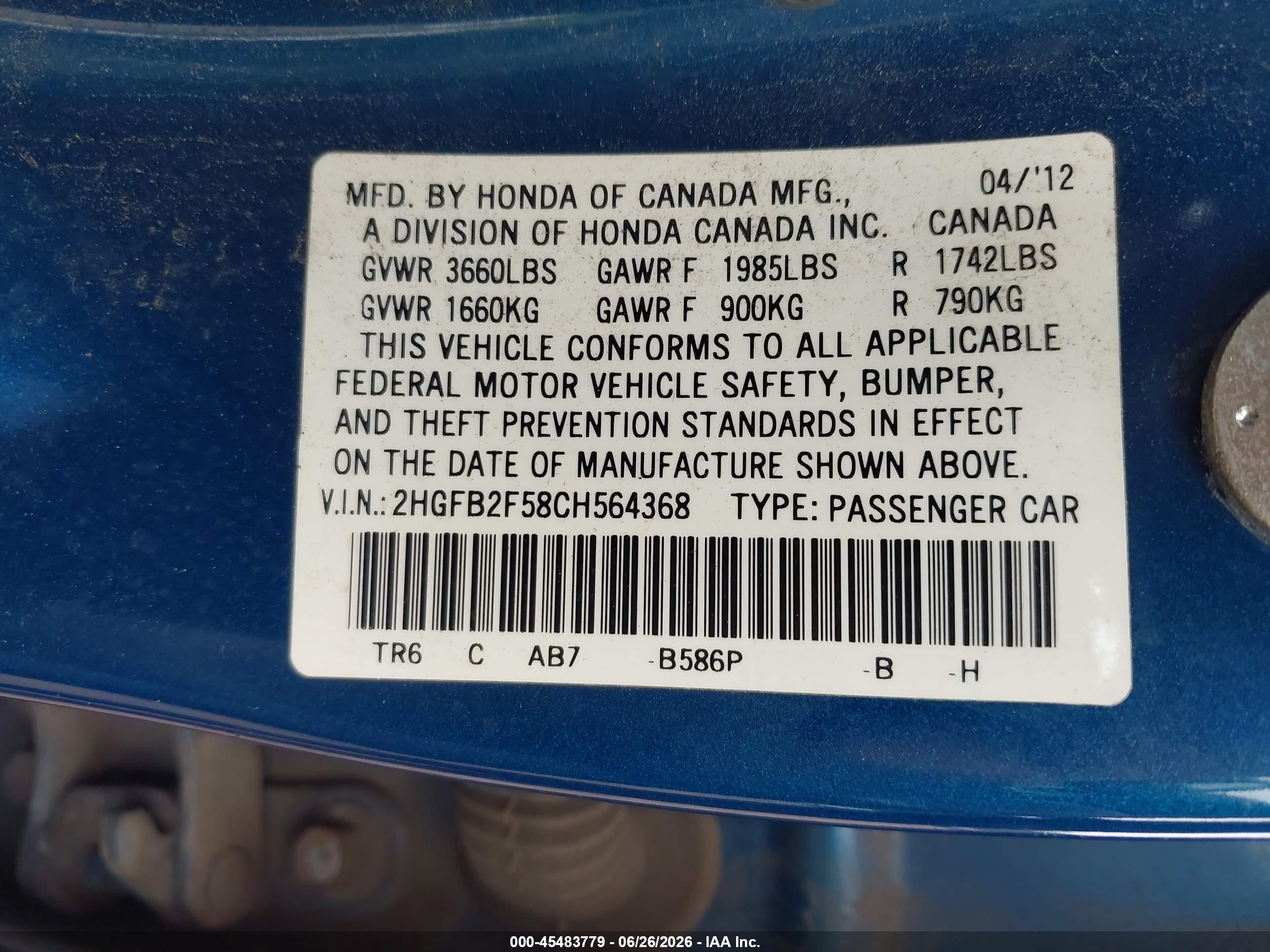 2012 Honda Civic Lx Blue vin: 2HGFB2F58CH564368