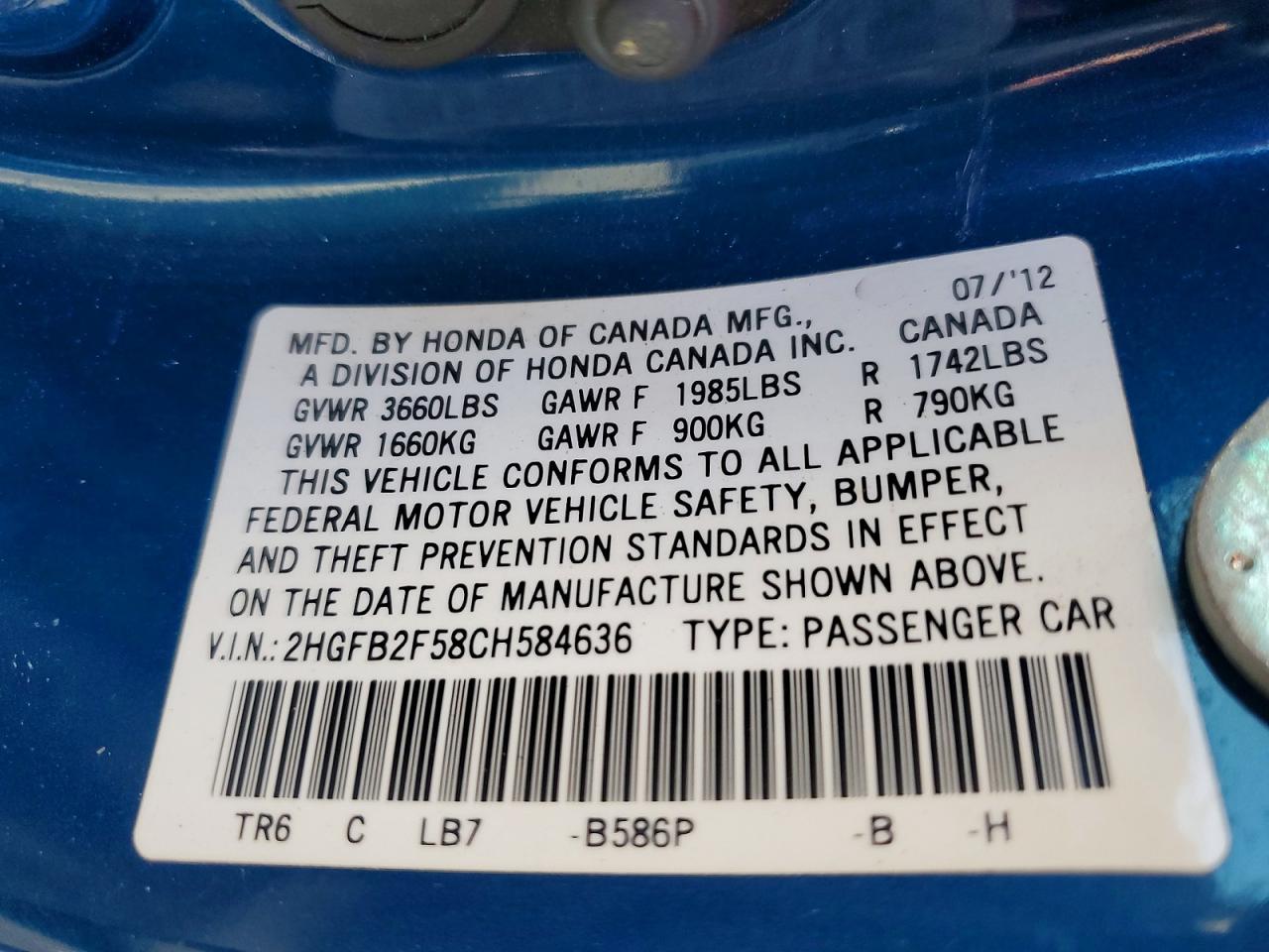 2012 Honda Civic Lx Blue vin: 2HGFB2F58CH584636
