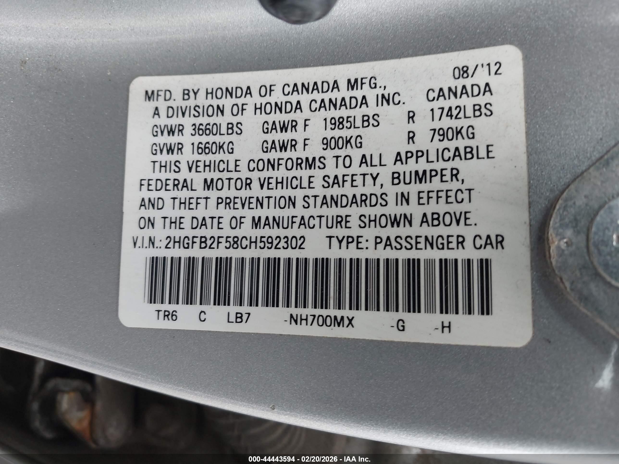 2012 Honda Civic Lx Silver vin: 2HGFB2F58CH592302