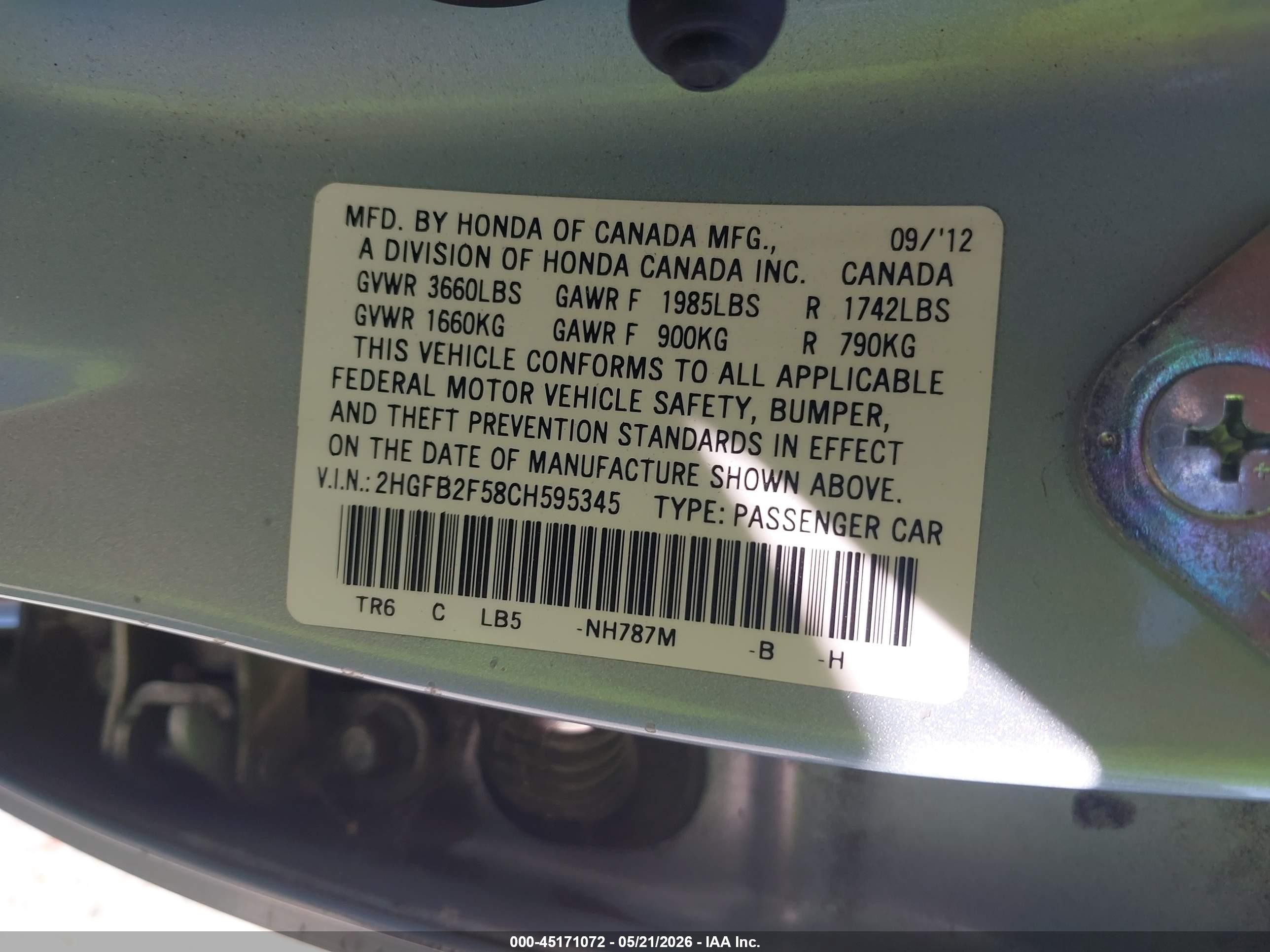 2012 Honda Civic Lx Blue vin: 2HGFB2F58CH595345