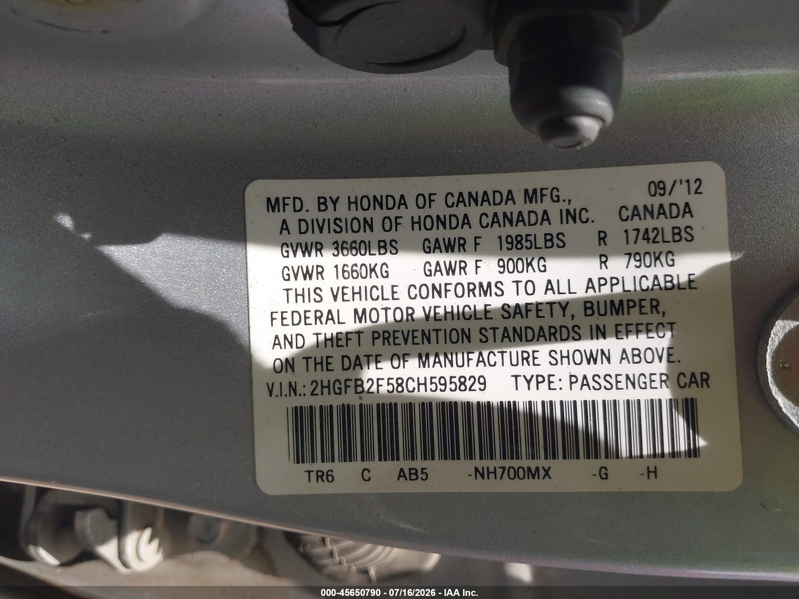 2012 Honda Civic Lx Silver vin: 2HGFB2F58CH595829