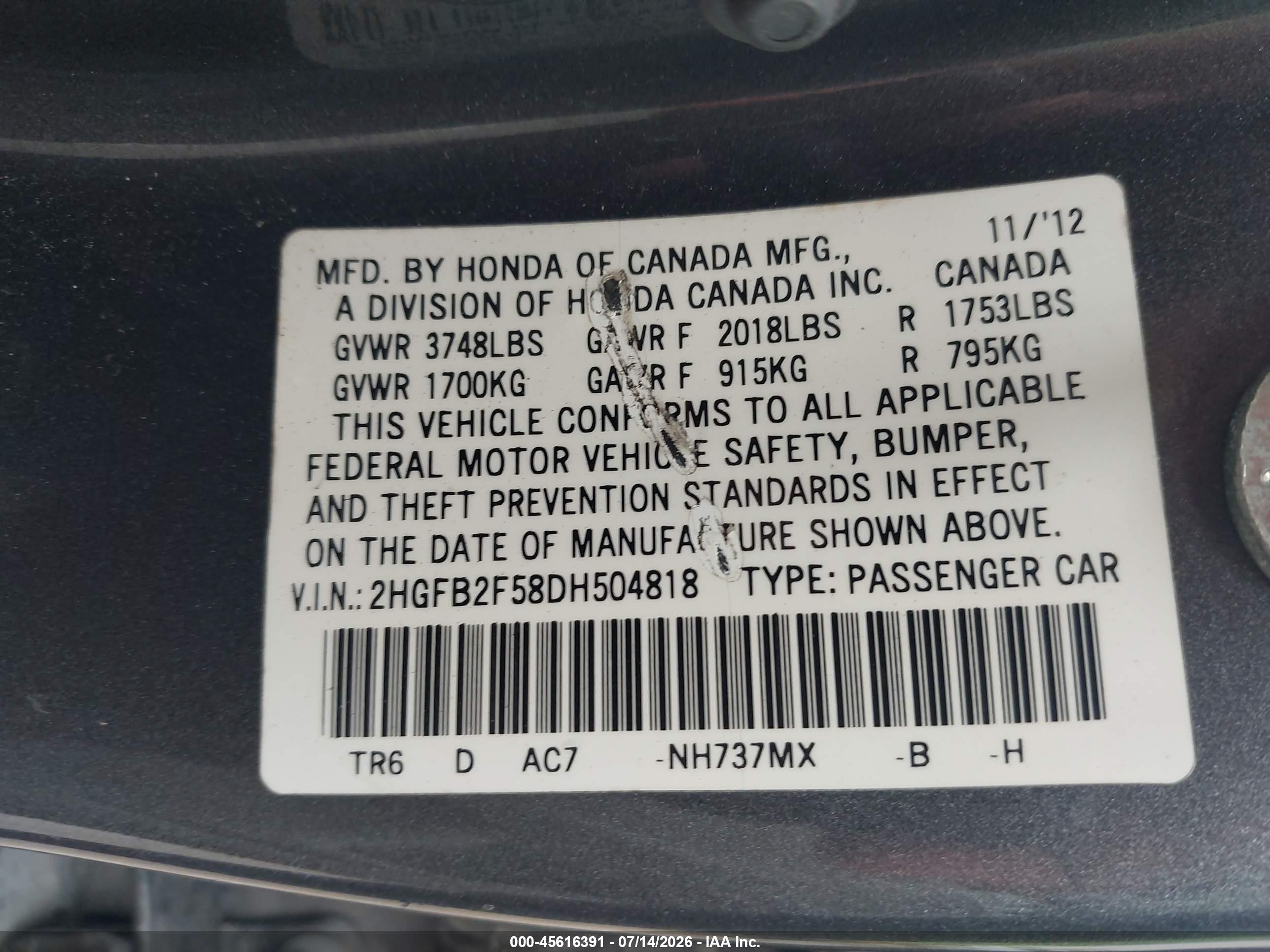 2013 Honda Civic Lx Gray vin: 2HGFB2F58DH504818