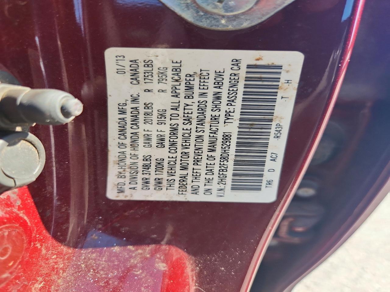 2013 Honda Civic Lx Burgundy vin: 2HGFB2F58DH529881