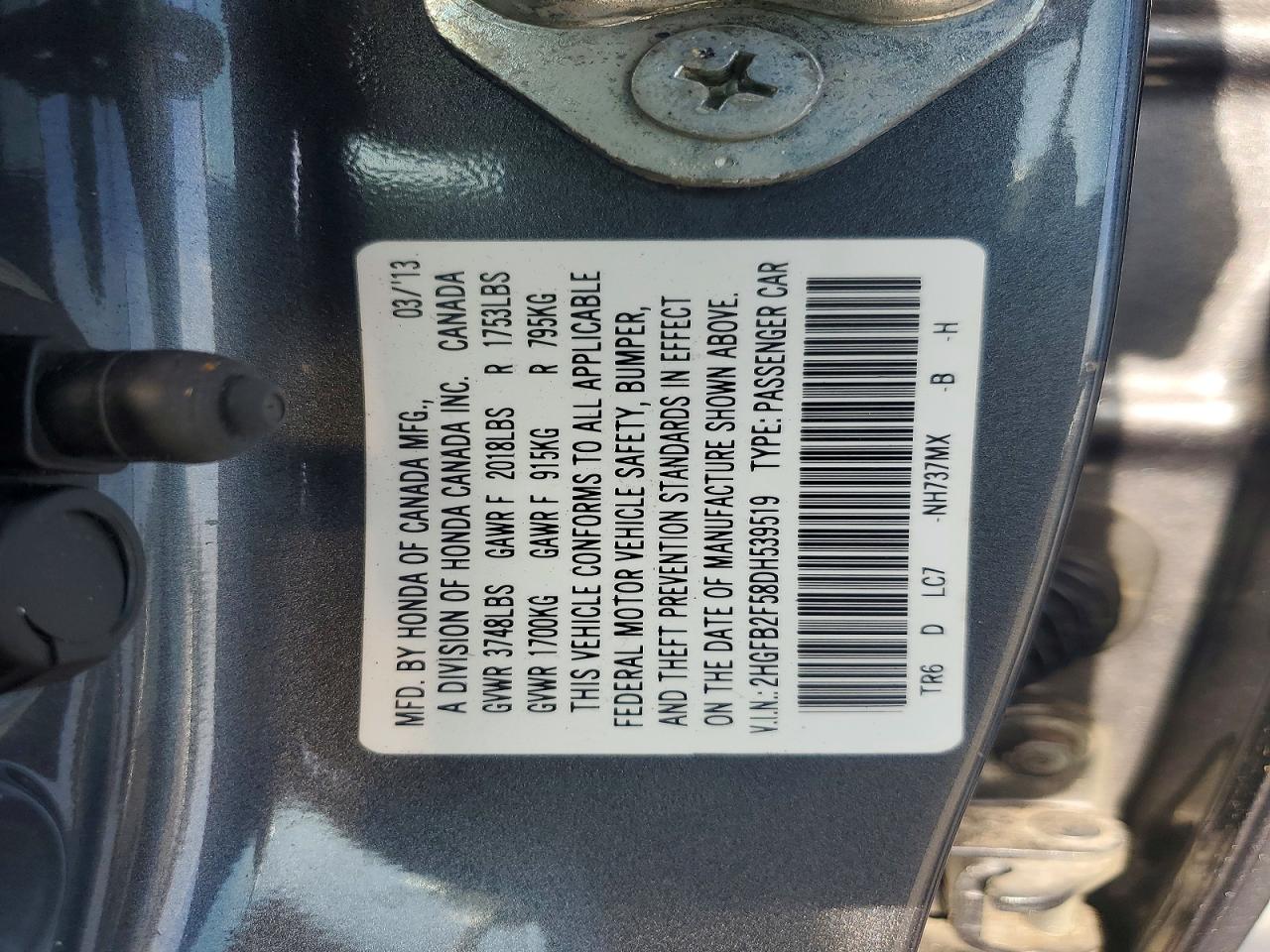 2013 Honda Civic Lx Gray vin: 2HGFB2F58DH539519