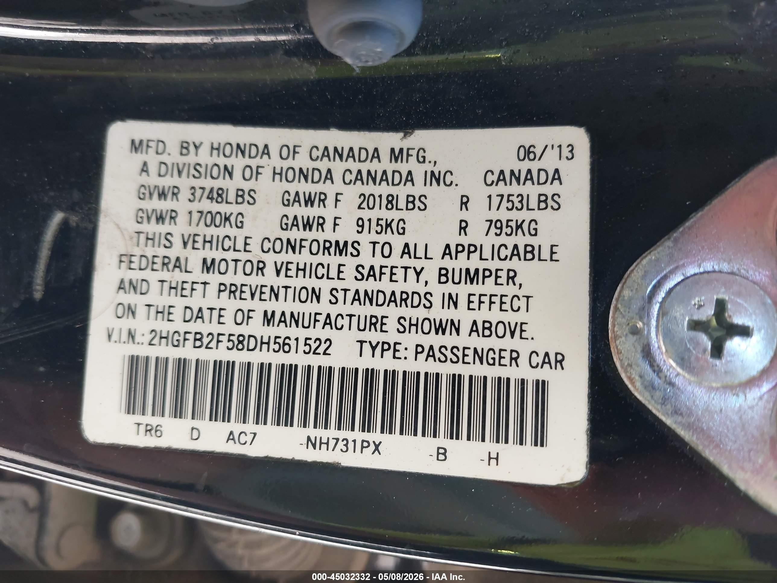 2013 Honda Civic Lx Black vin: 2HGFB2F58DH561522