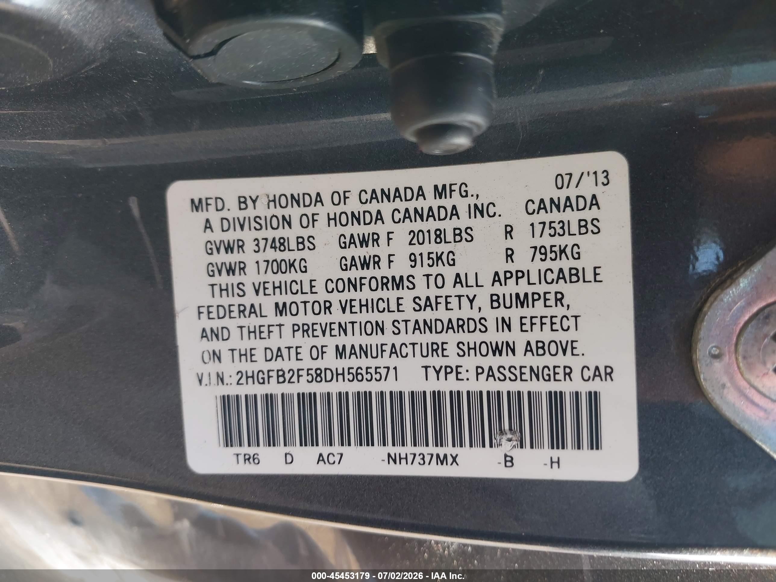 2013 Honda Civic Lx Серый vin: 2HGFB2F58DH565571