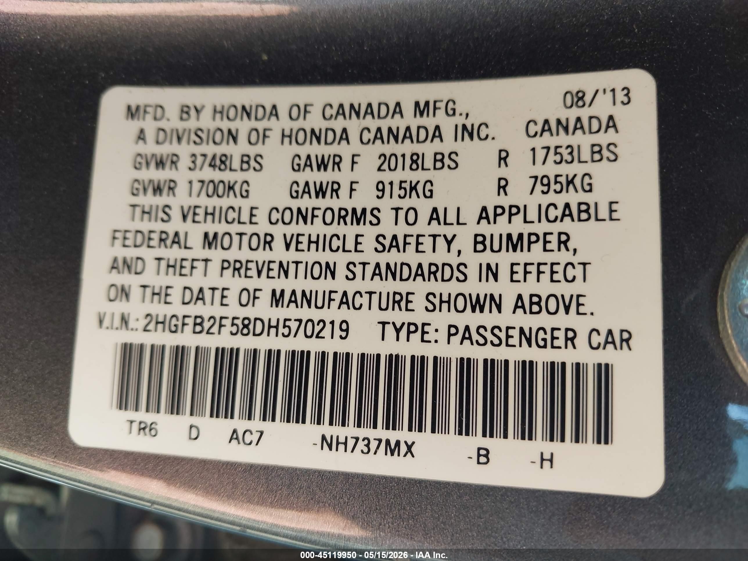 2013 Honda Civic Lx Gray vin: 2HGFB2F58DH570219
