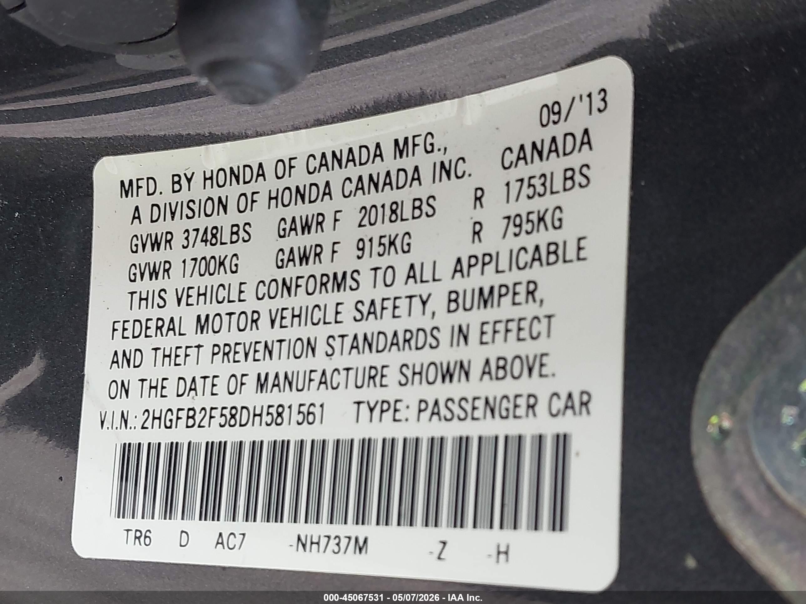 2013 Honda Civic Lx Black vin: 2HGFB2F58DH581561