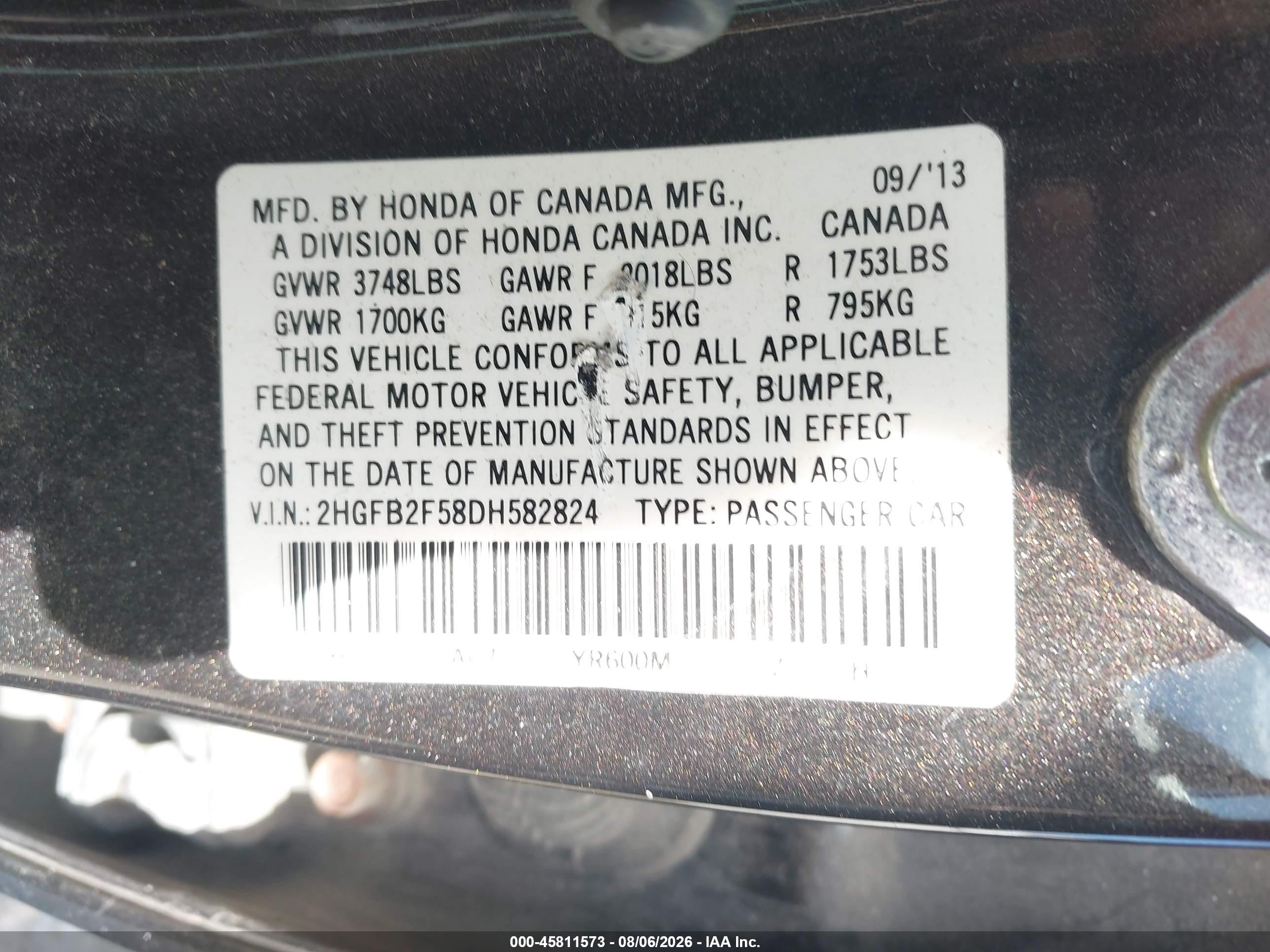 2013 Honda Civic Lx Black vin: 2HGFB2F58DH582824