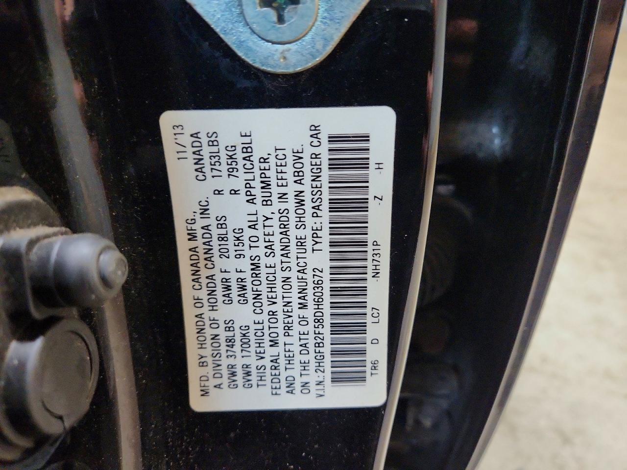2013 Honda Civic Lx Black vin: 2HGFB2F58DH603672