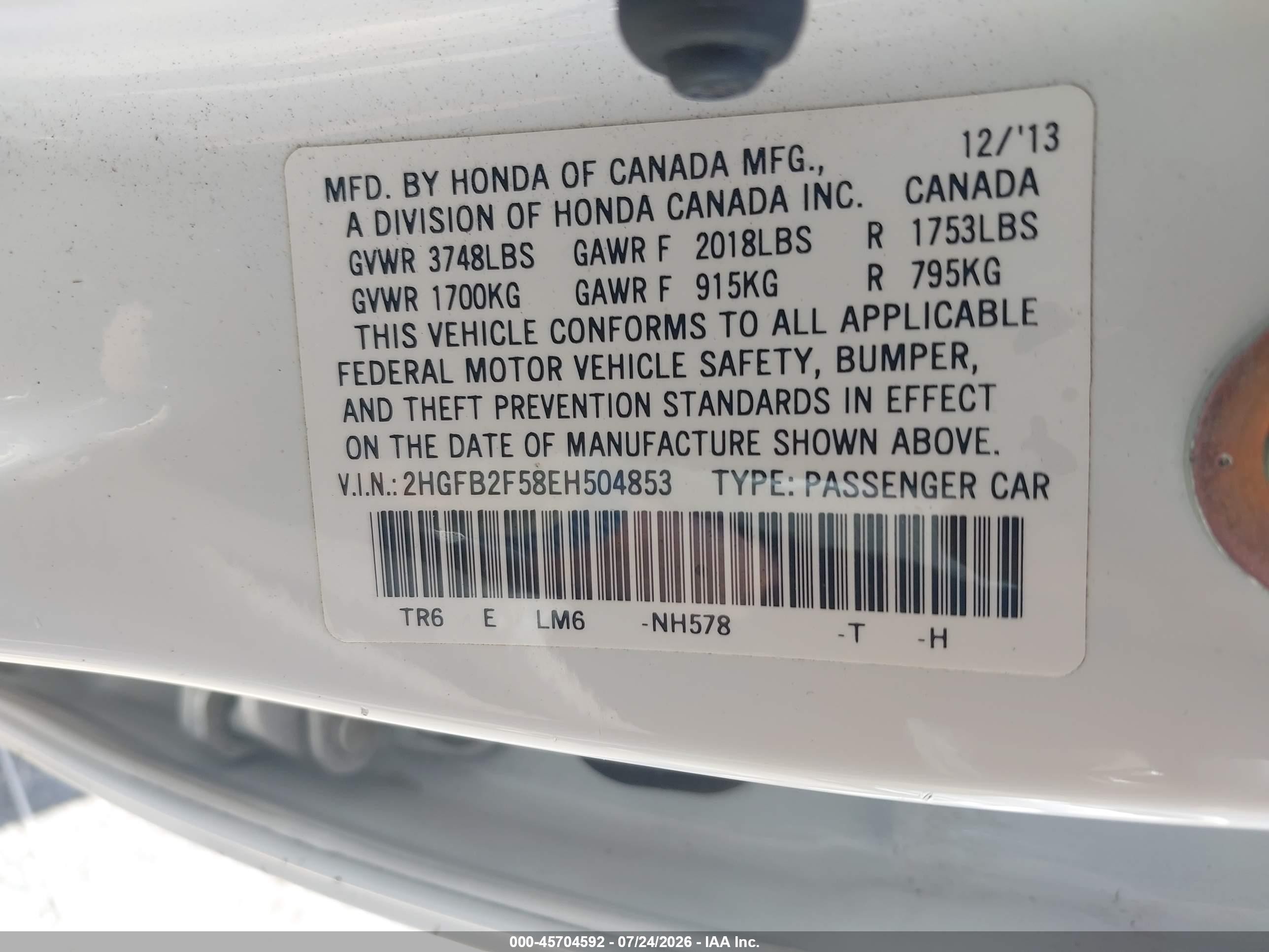 2014 Honda Civic Lx White vin: 2HGFB2F58EH504853
