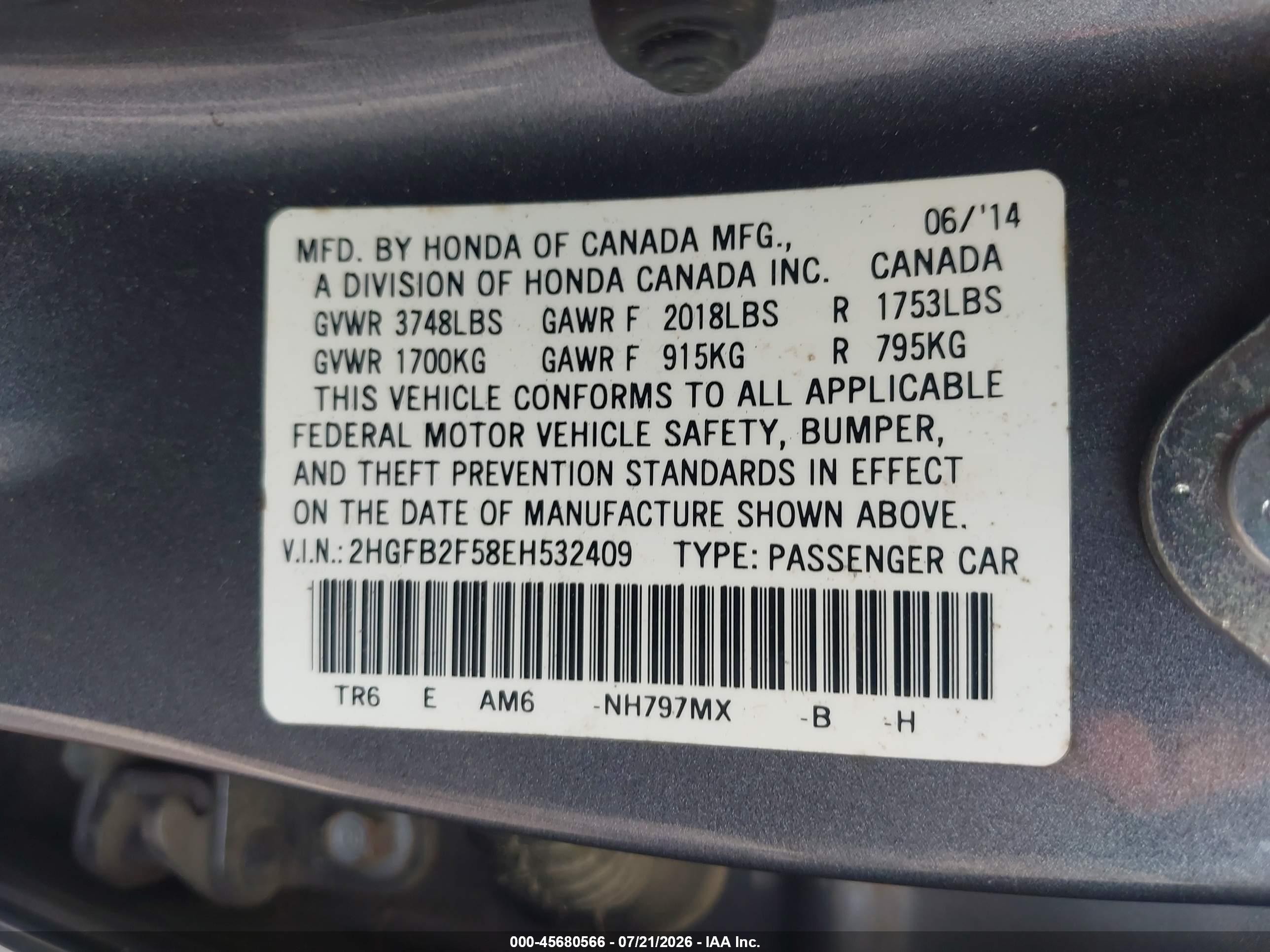 2014 Honda Civic Lx Gray vin: 2HGFB2F58EH532409