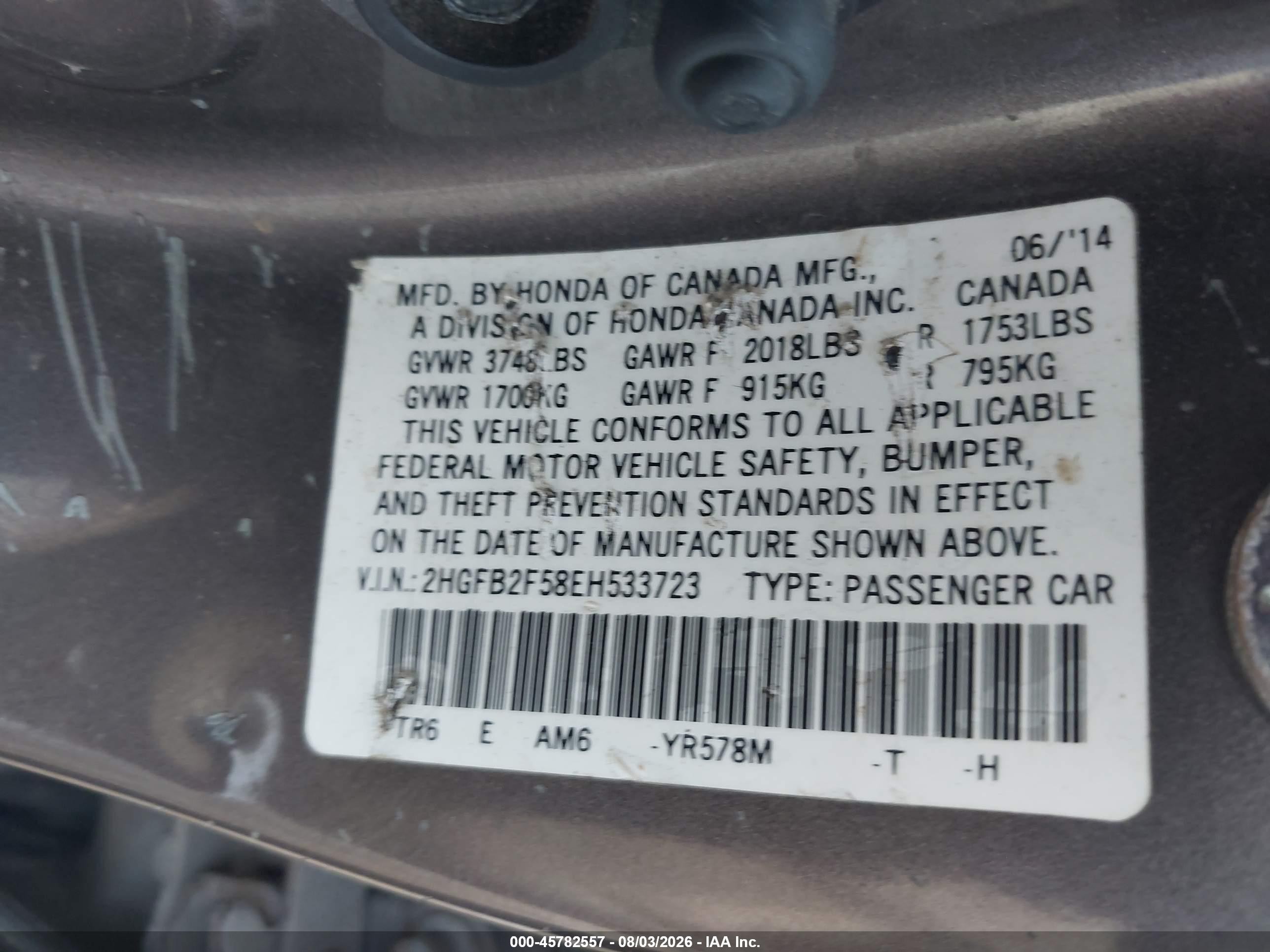 2014 Honda Civic Lx Gray vin: 2HGFB2F58EH533723
