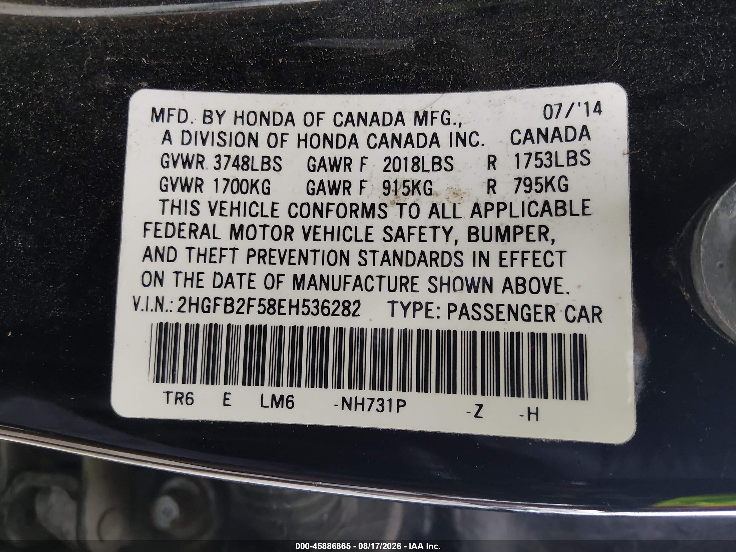 2014 Honda Civic Lx Black vin: 2HGFB2F58EH536282