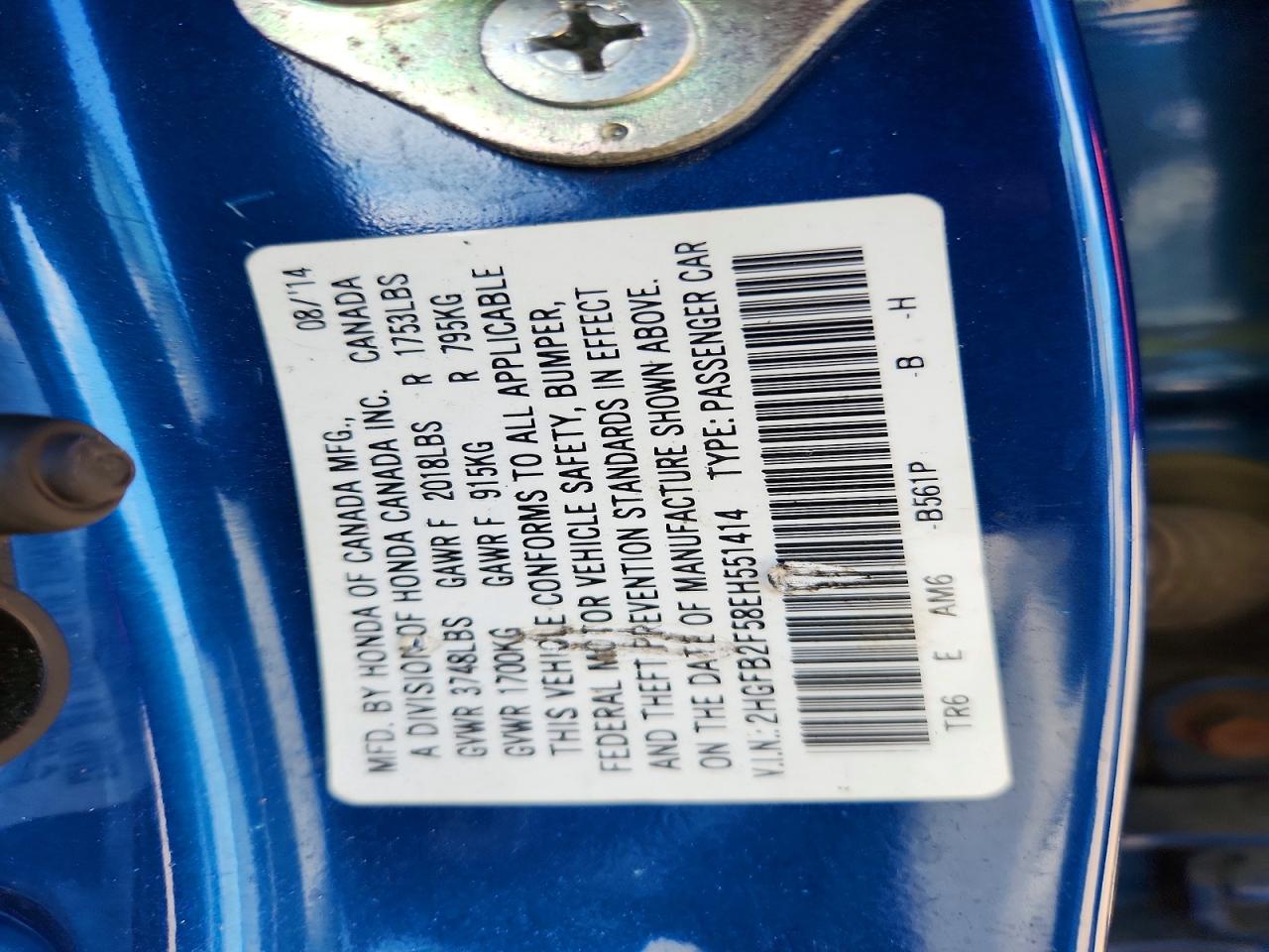 2014 Honda Civic Lx Blue vin: 2HGFB2F58EH551414