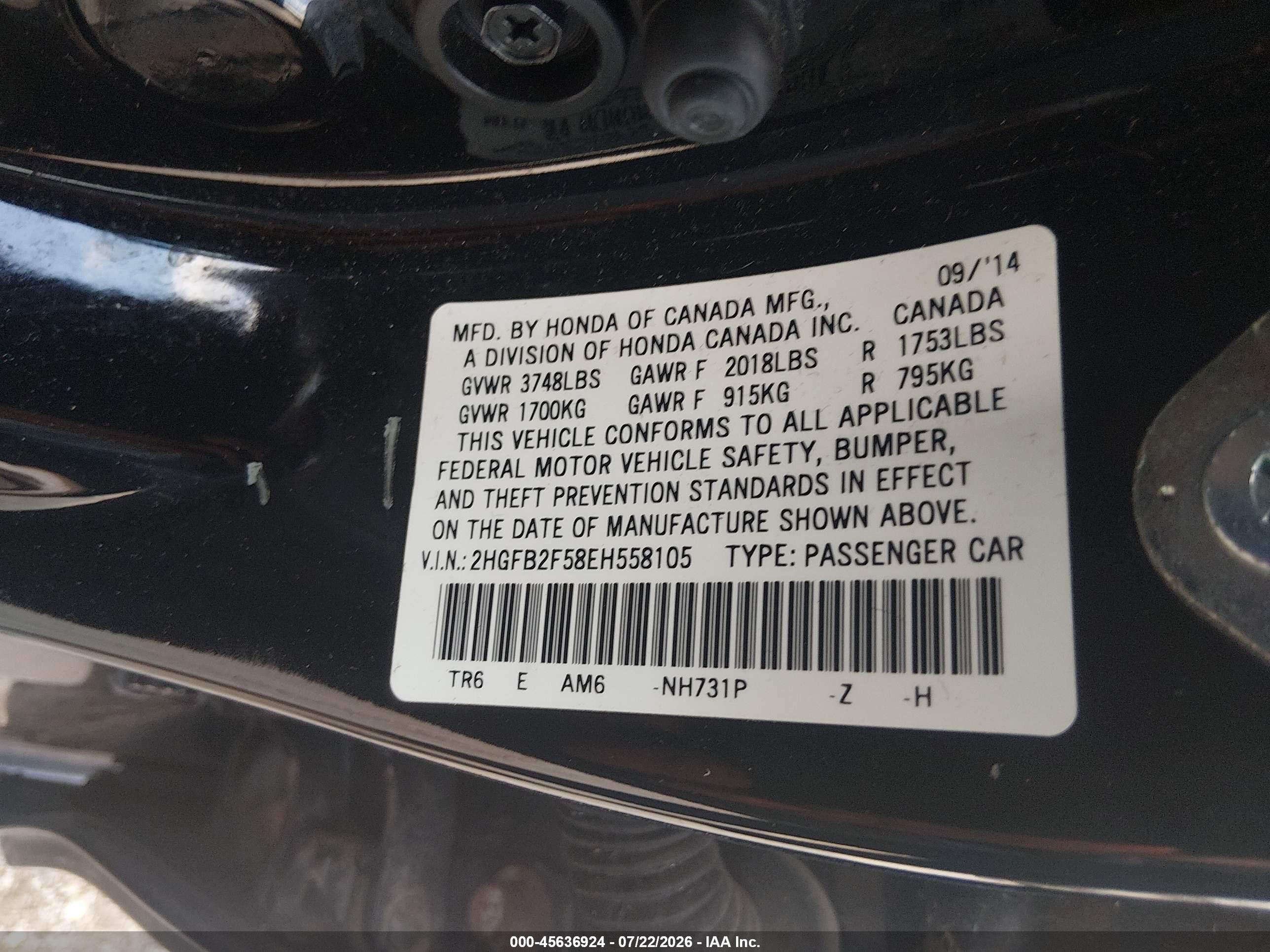 2014 Honda Civic Lx Black vin: 2HGFB2F58EH558105