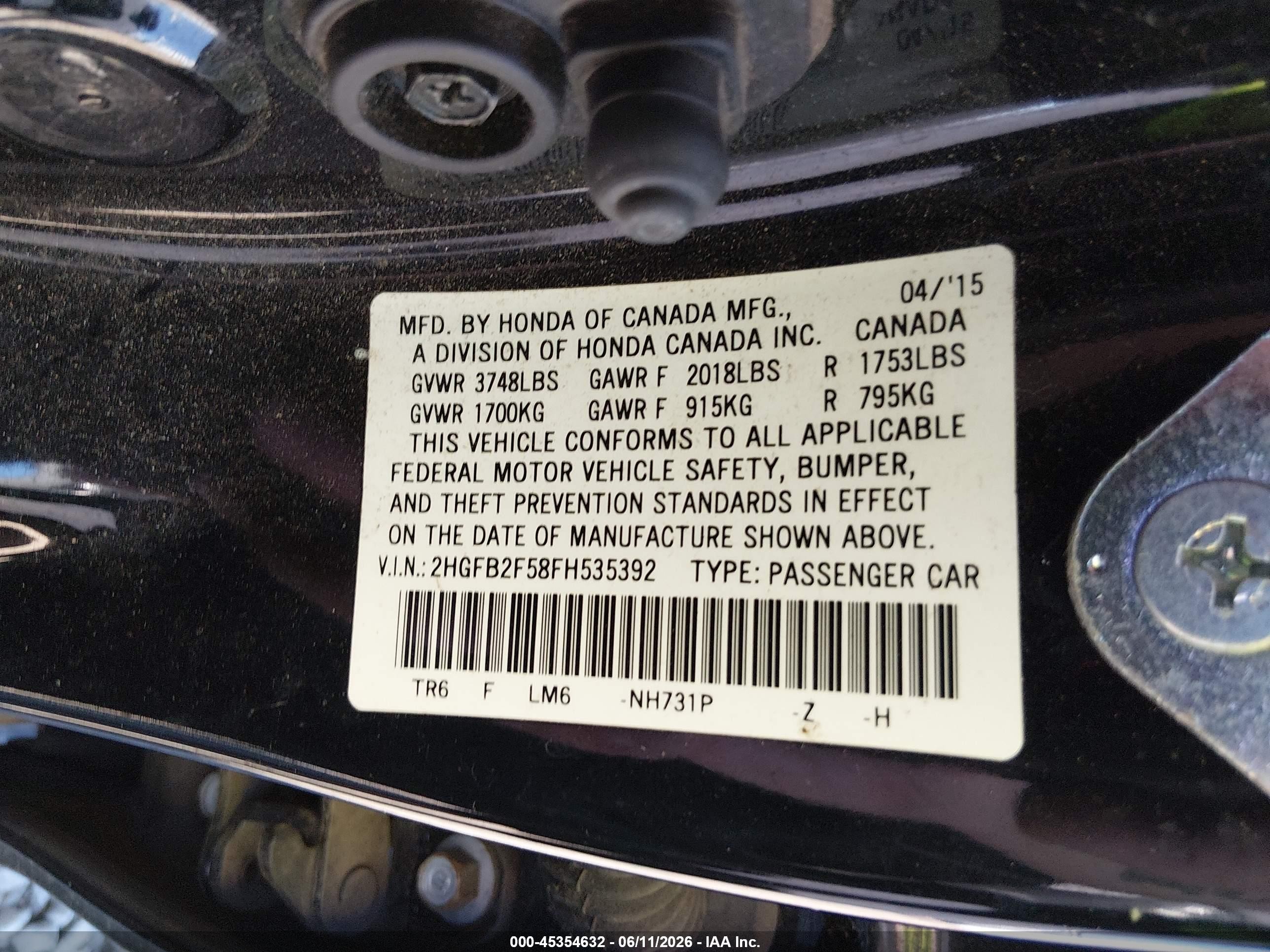 2015 Honda Civic Lx Black vin: 2HGFB2F58FH535392