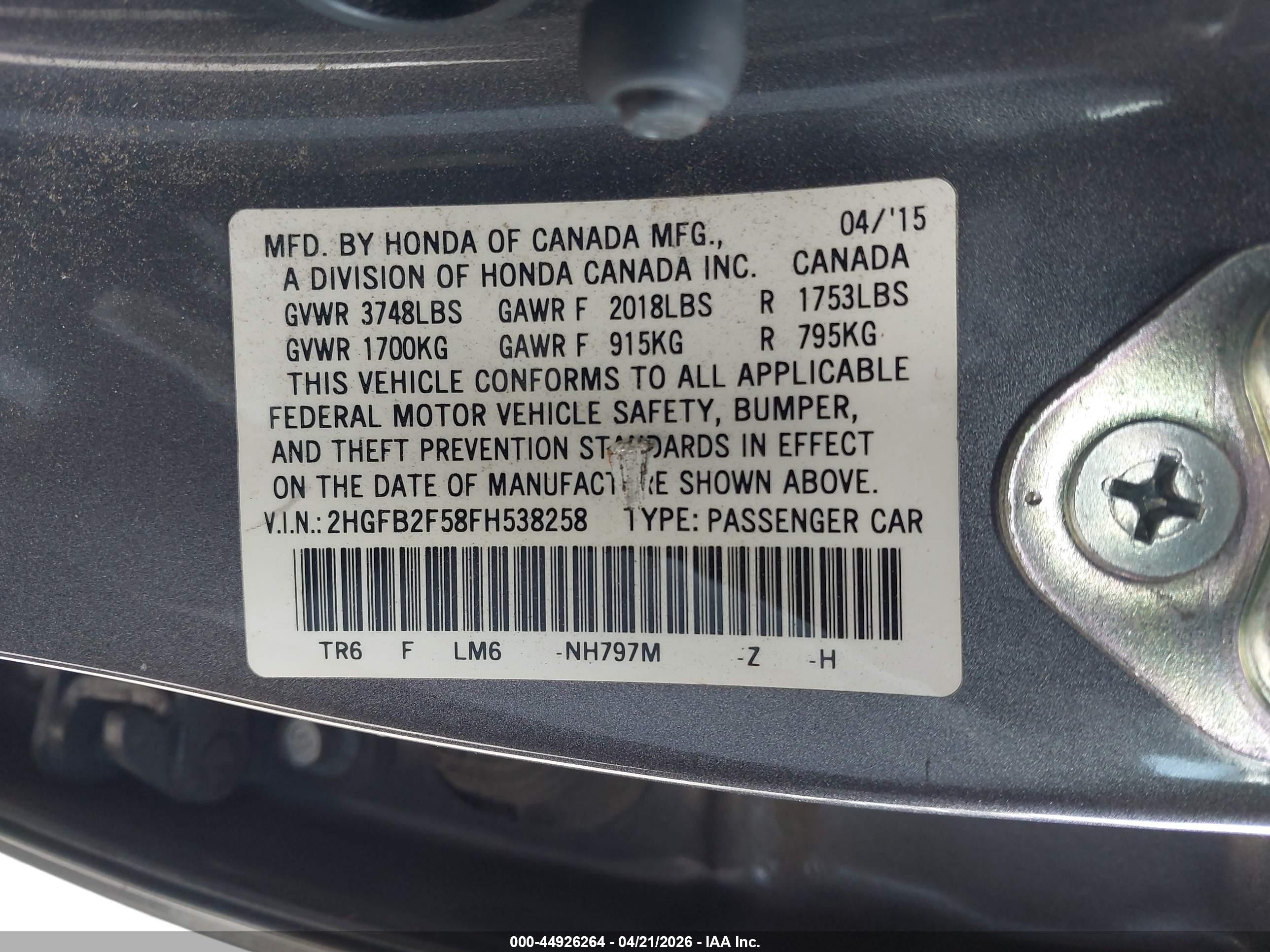 2015 Honda Civic Lx Gray vin: 2HGFB2F58FH538258