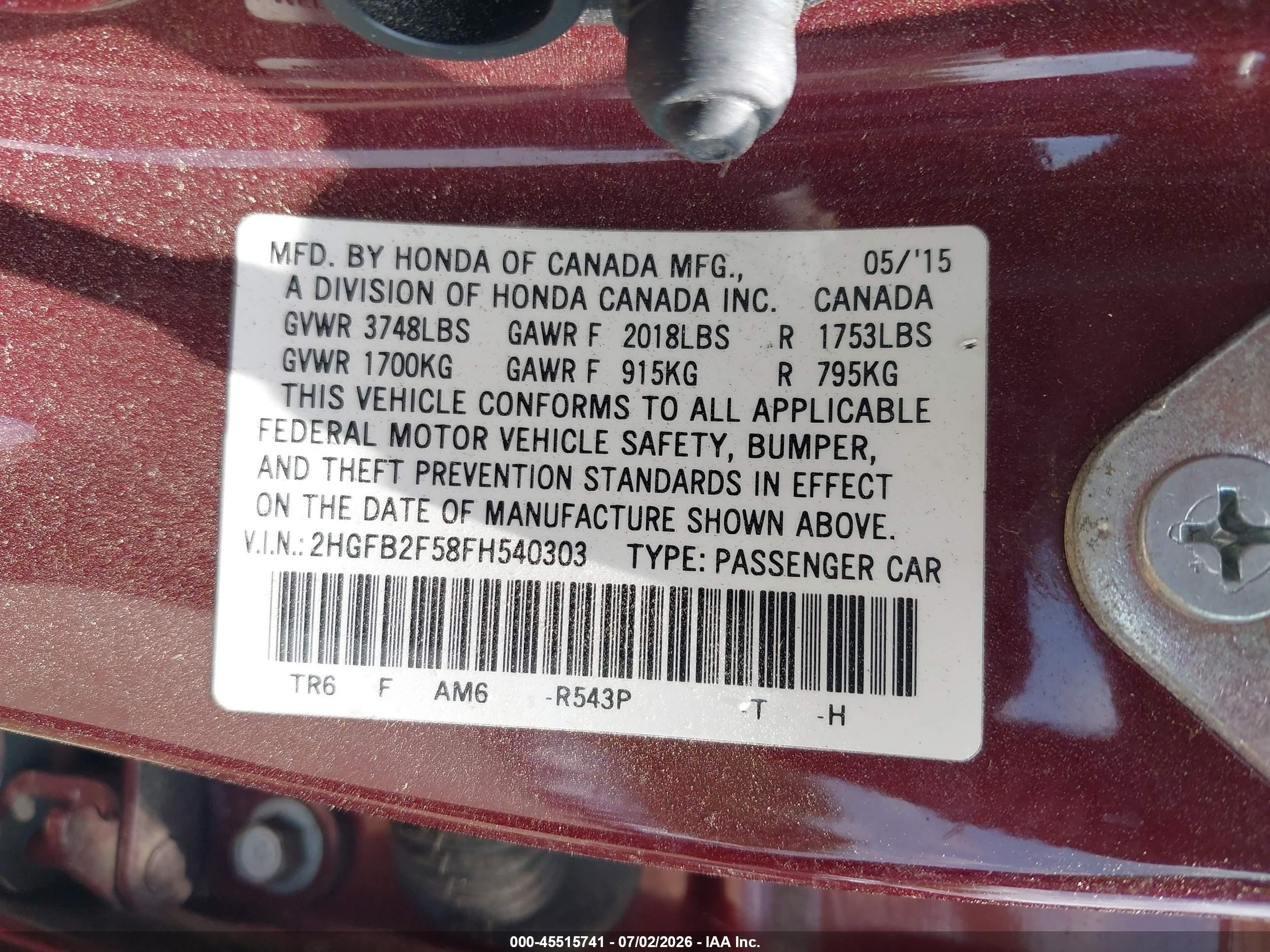 2015 Honda Civic Lx Burgundy vin: 2HGFB2F58FH540303