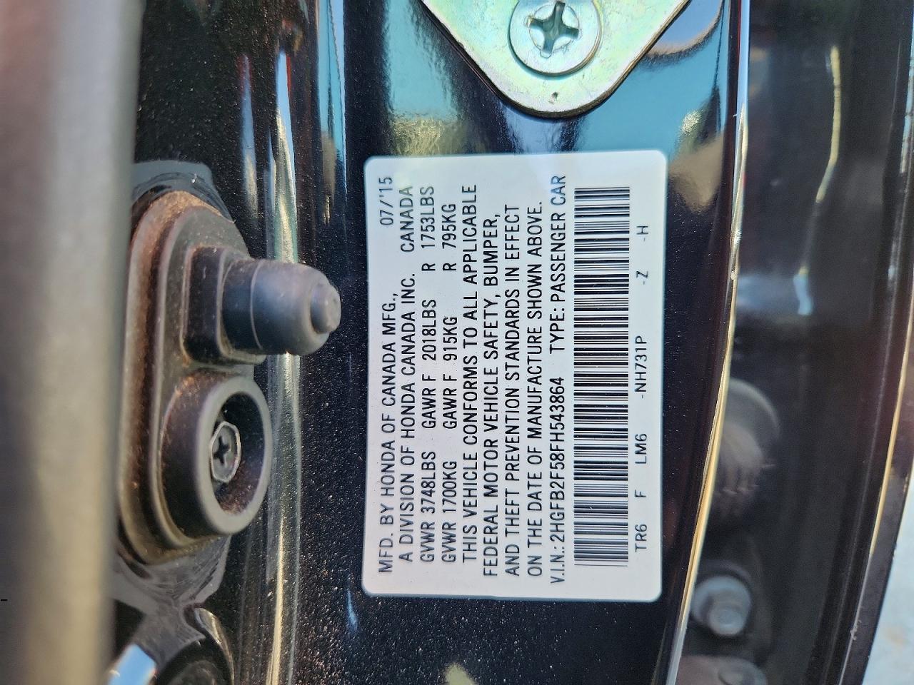 2015 Honda Civic Lx Black vin: 2HGFB2F58FH543864