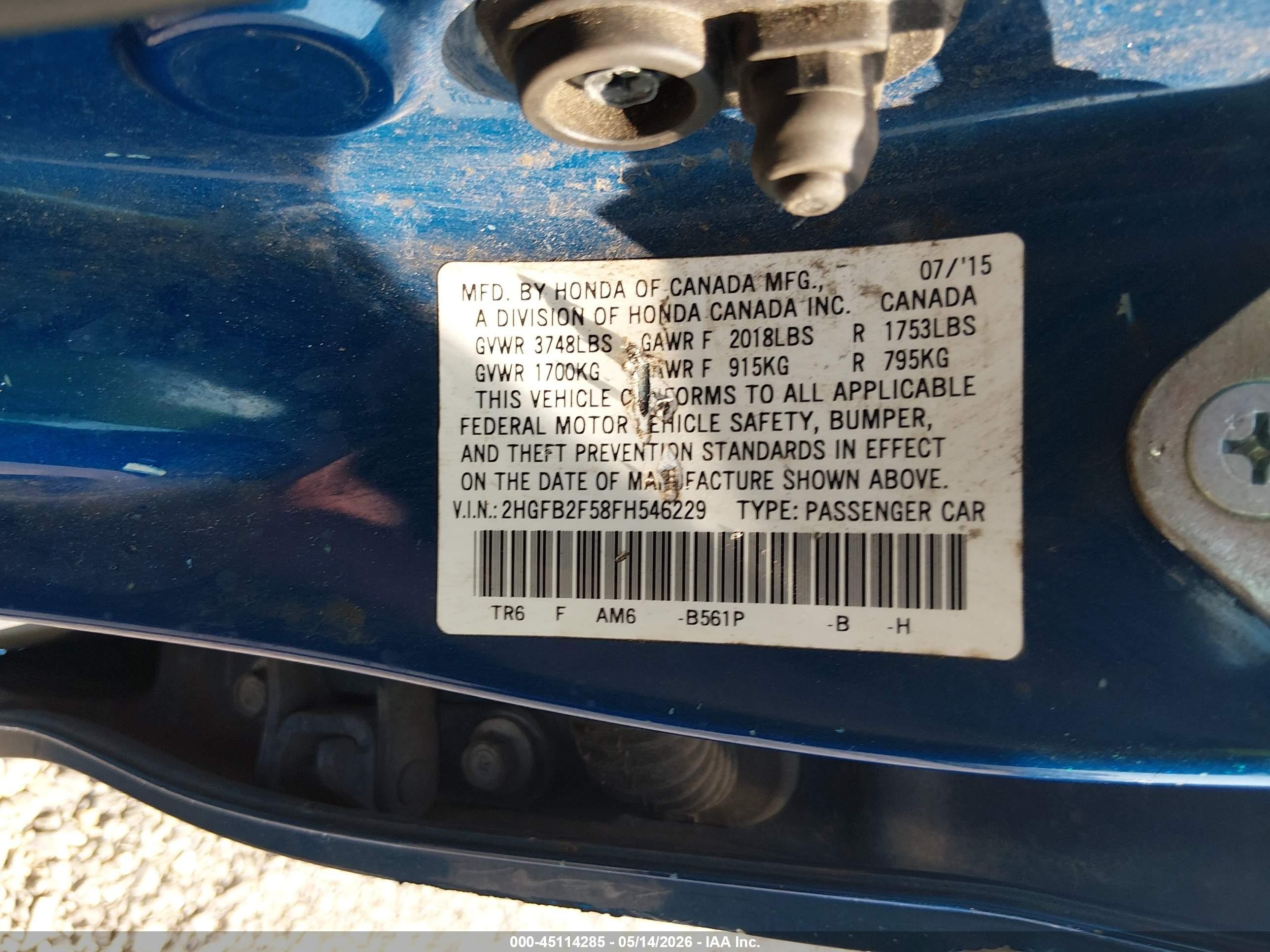 2015 Honda Civic Lx Синий vin: 2HGFB2F58FH546229