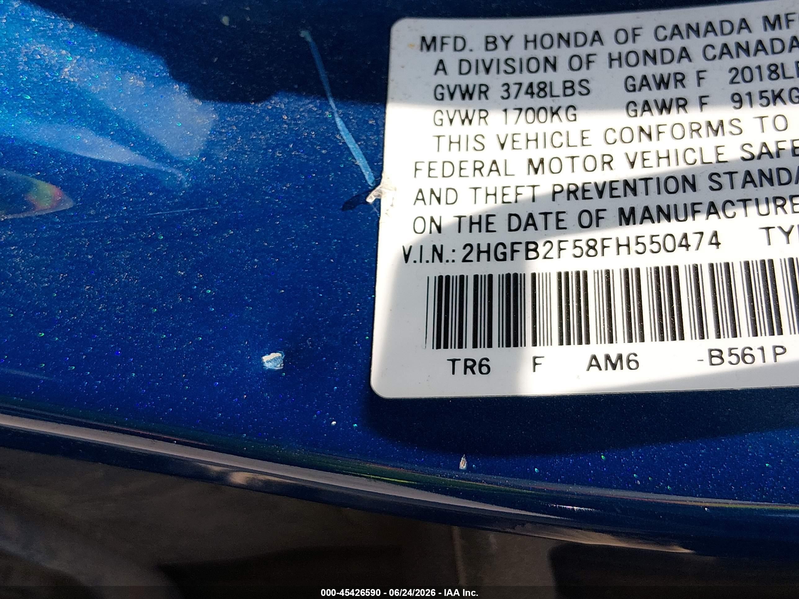 2015 Honda Civic Lx Blue vin: 2HGFB2F58FH550474