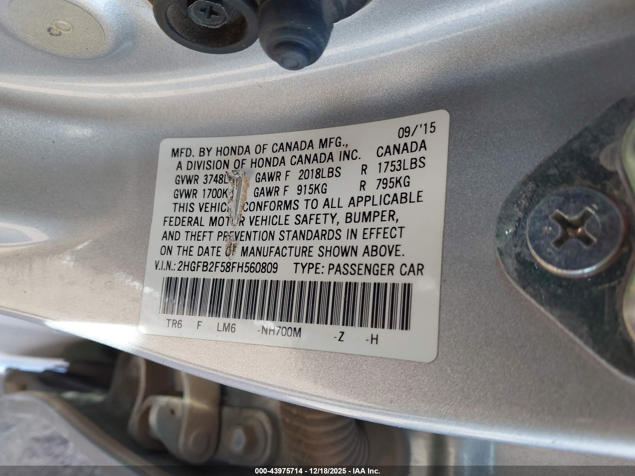 2015 Honda Civic Lx Серебряный vin: 2HGFB2F58FH560809
