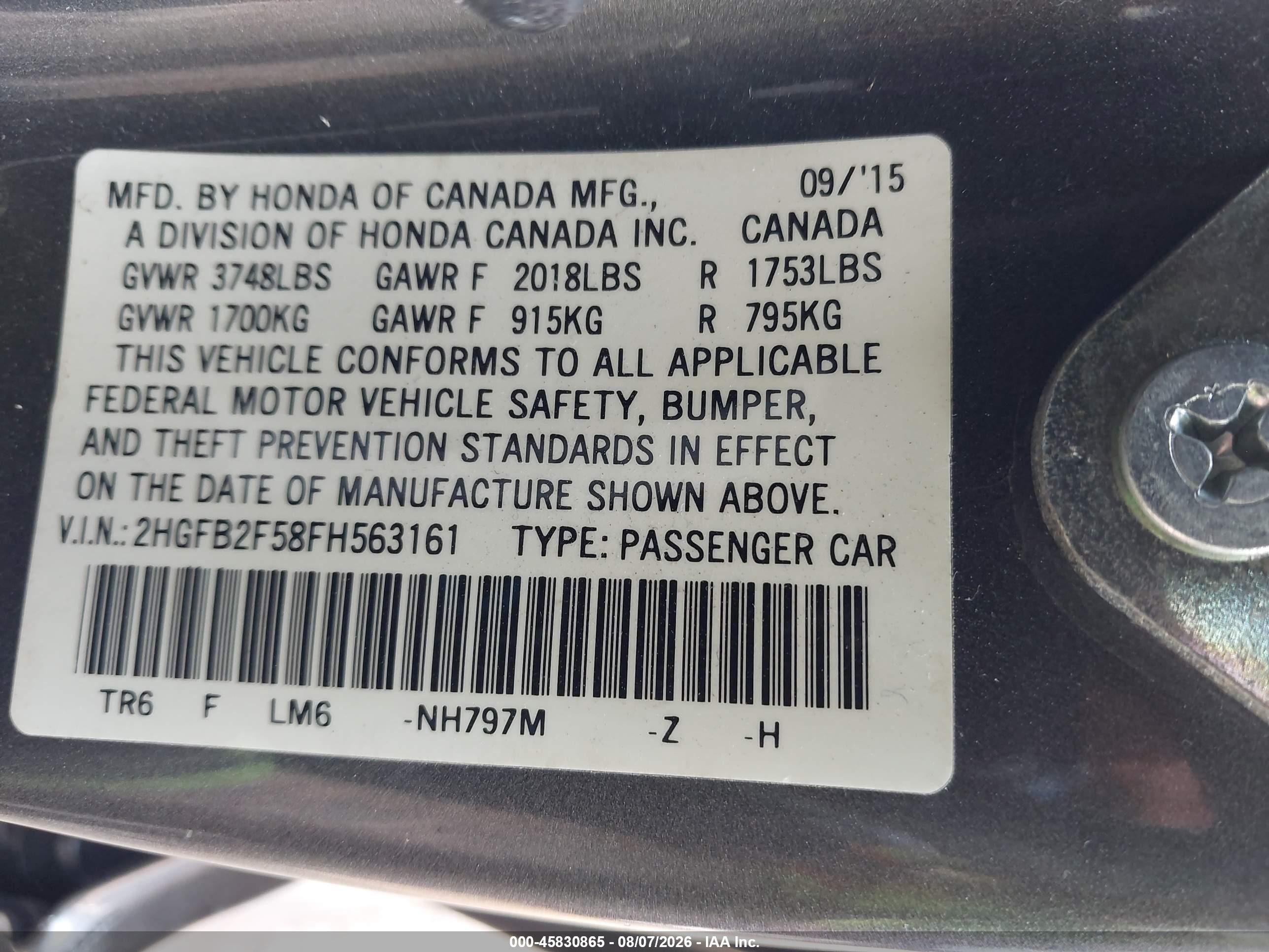 2015 Honda Civic Lx Серый vin: 2HGFB2F58FH563161