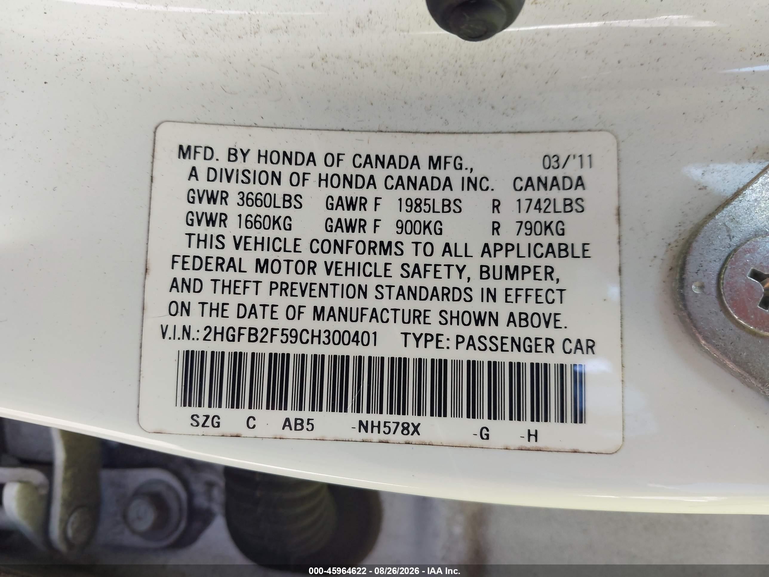 2012 Honda Civic Lx White vin: 2HGFB2F59CH300401