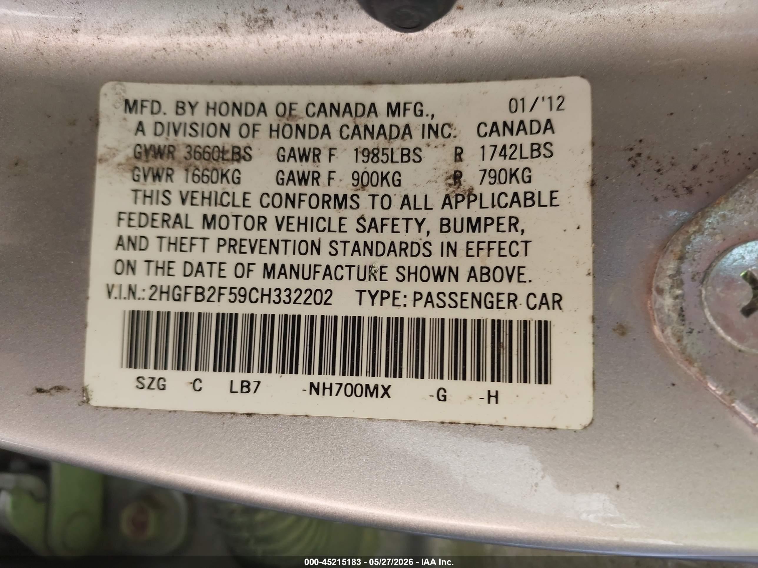 2012 Honda Civic Lx Silver vin: 2HGFB2F59CH332202