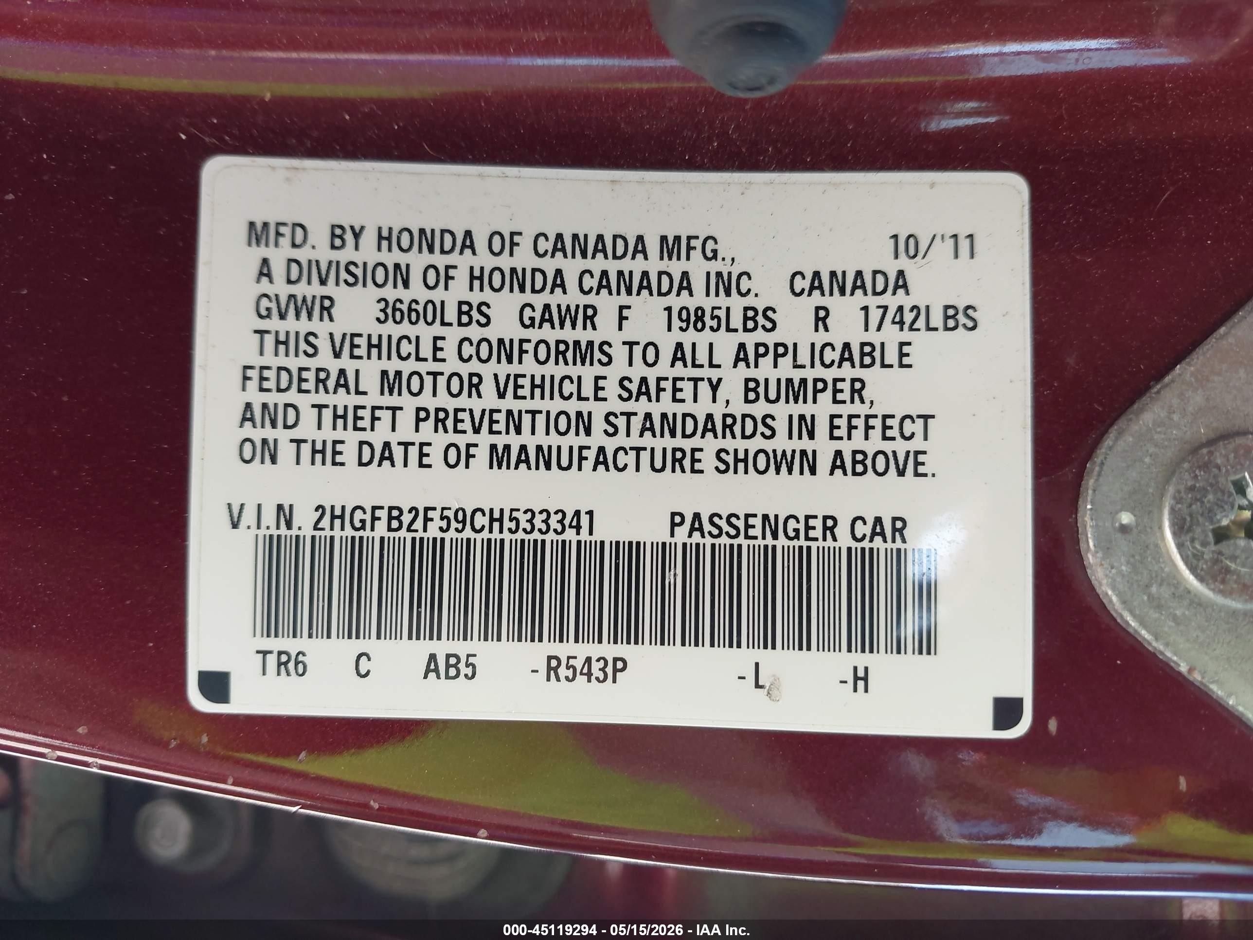 2012 Honda Civic Lx Red vin: 2HGFB2F59CH533341