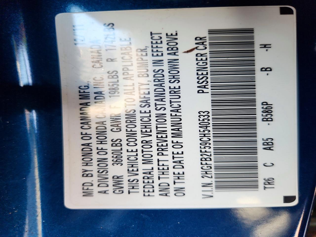 2012 Honda Civic Lx Blue vin: 2HGFB2F59CH540533