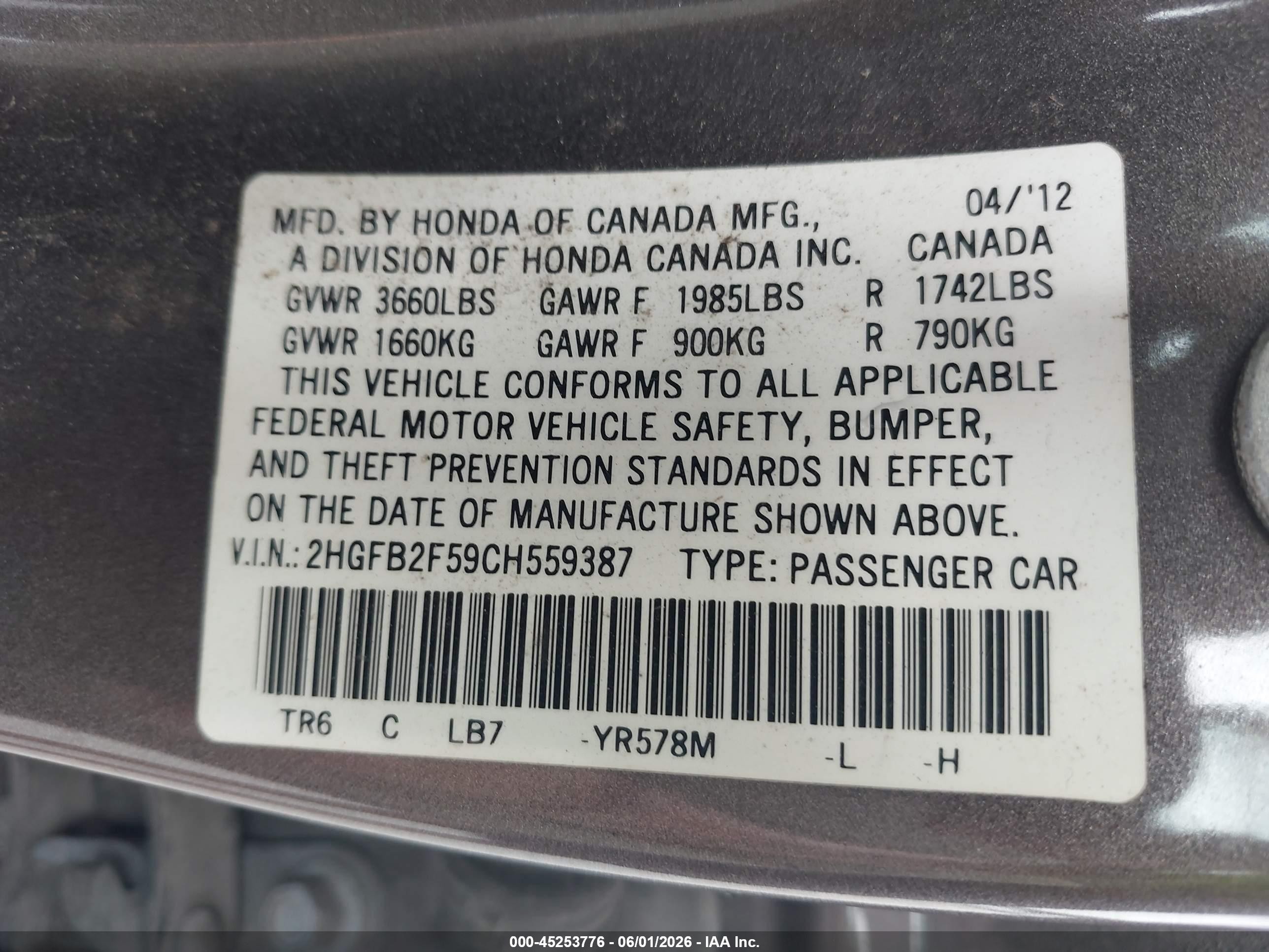 2012 Honda Civic Lx Gray vin: 2HGFB2F59CH559387