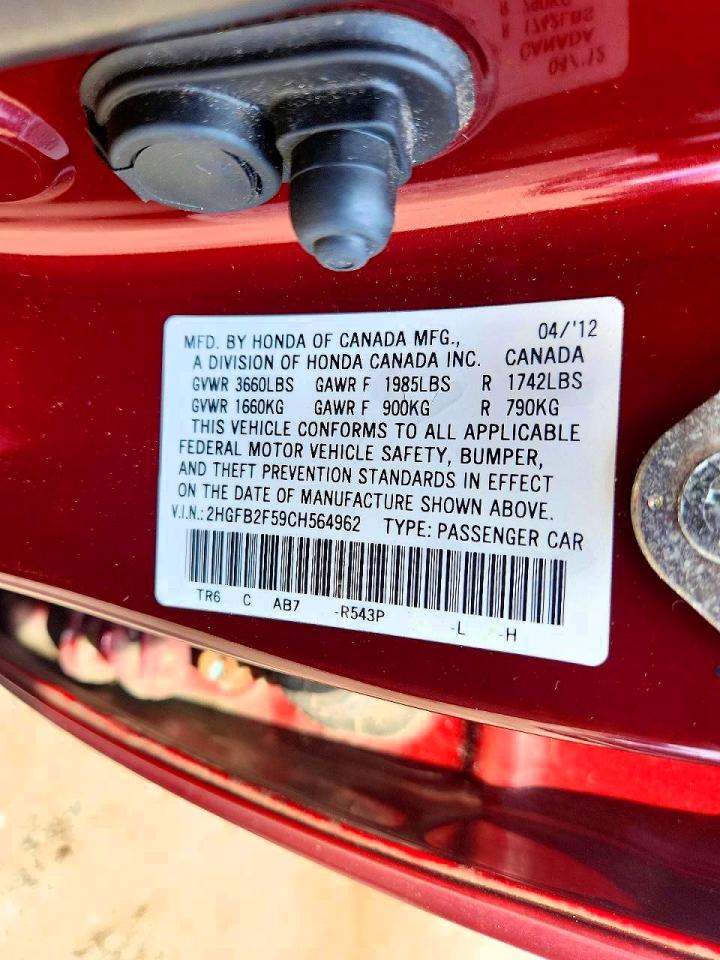 2012 Honda Civic Lx Red vin: 2HGFB2F59CH564962