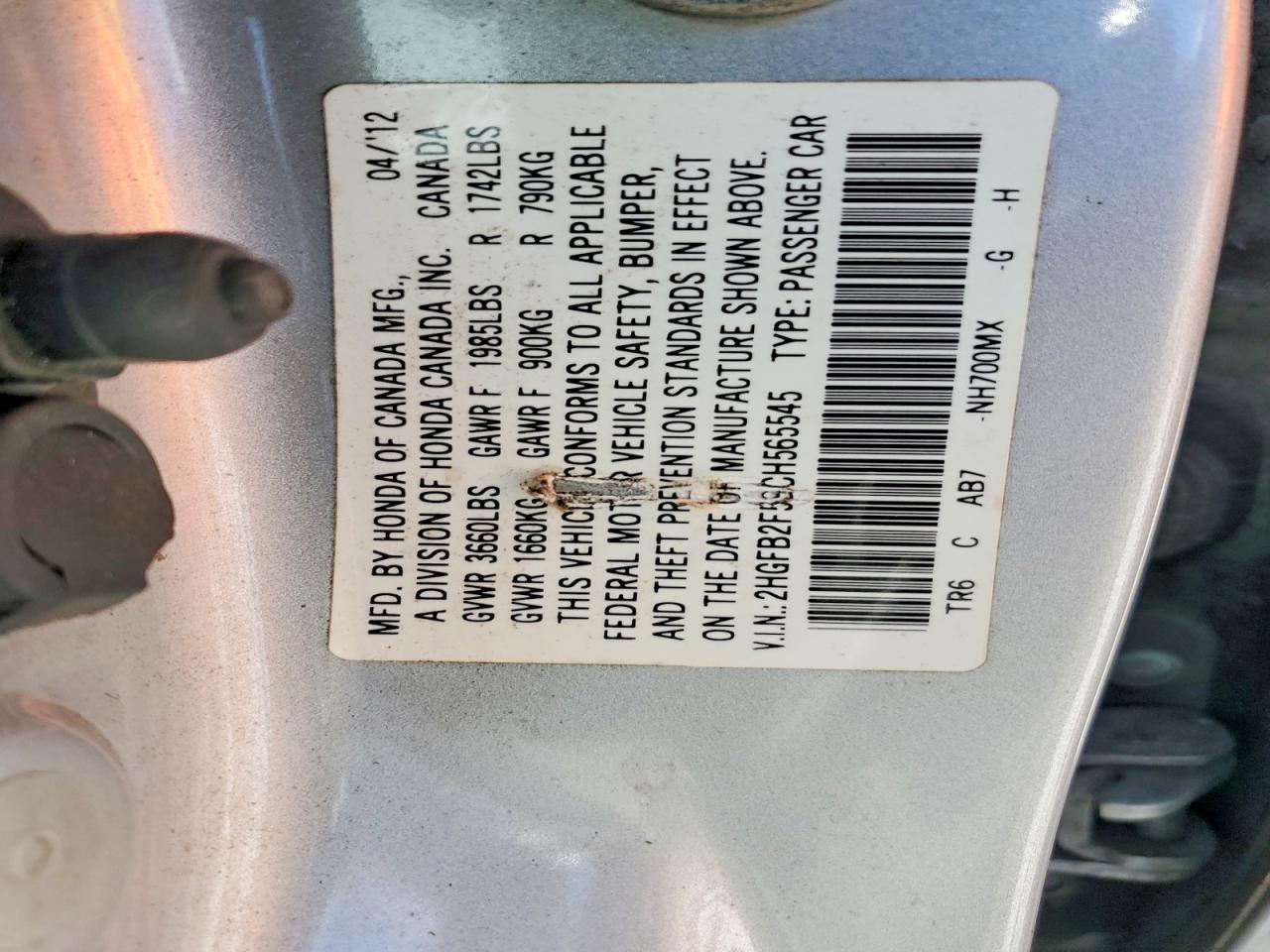 2012 Honda Civic Lx Silver vin: 2HGFB2F59CH565545