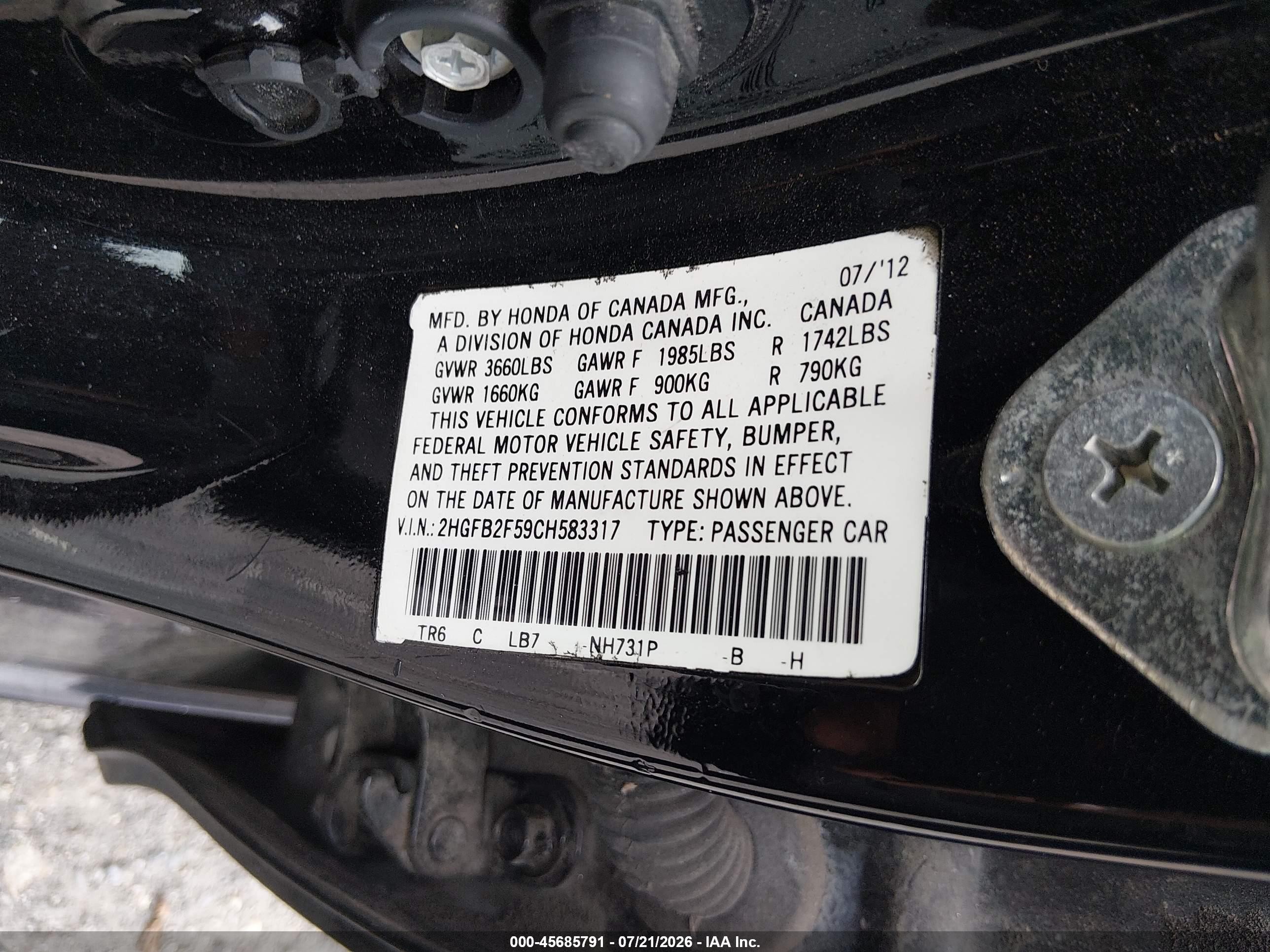 2012 Honda Civic Lx Black vin: 2HGFB2F59CH583317
