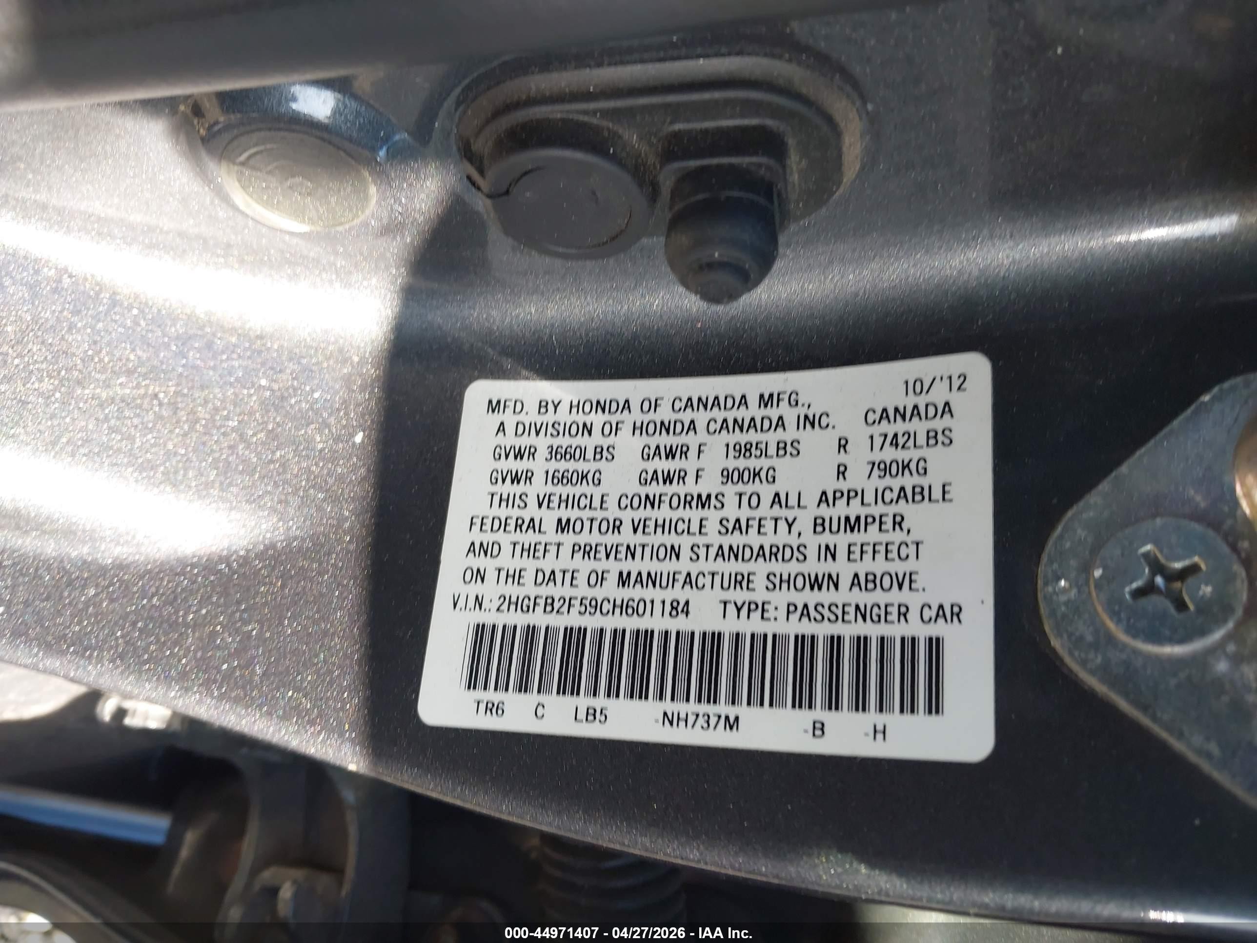 2012 Honda Civic Lx Gray vin: 2HGFB2F59CH601184