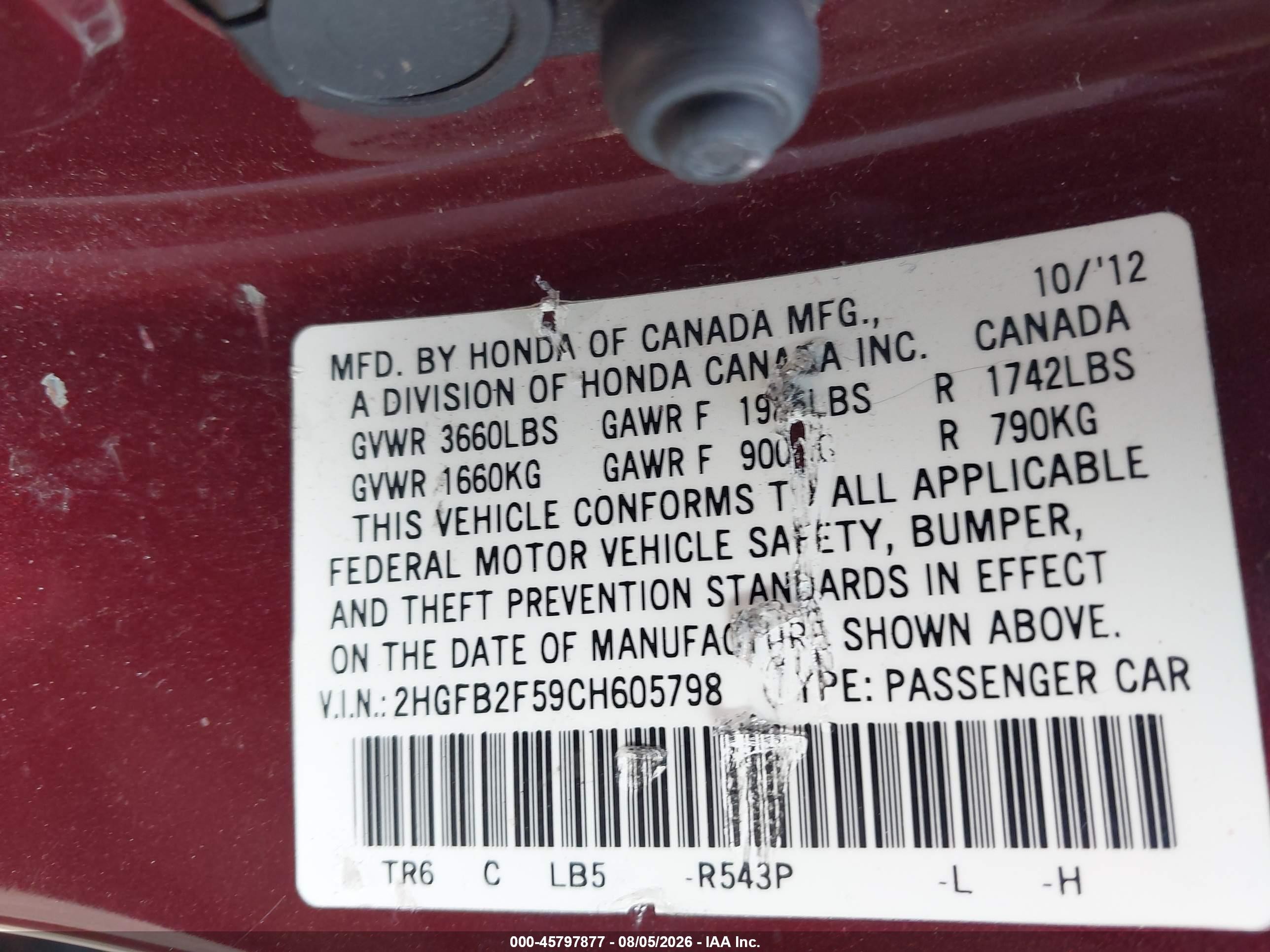 2012 Honda Civic Lx Red vin: 2HGFB2F59CH605798